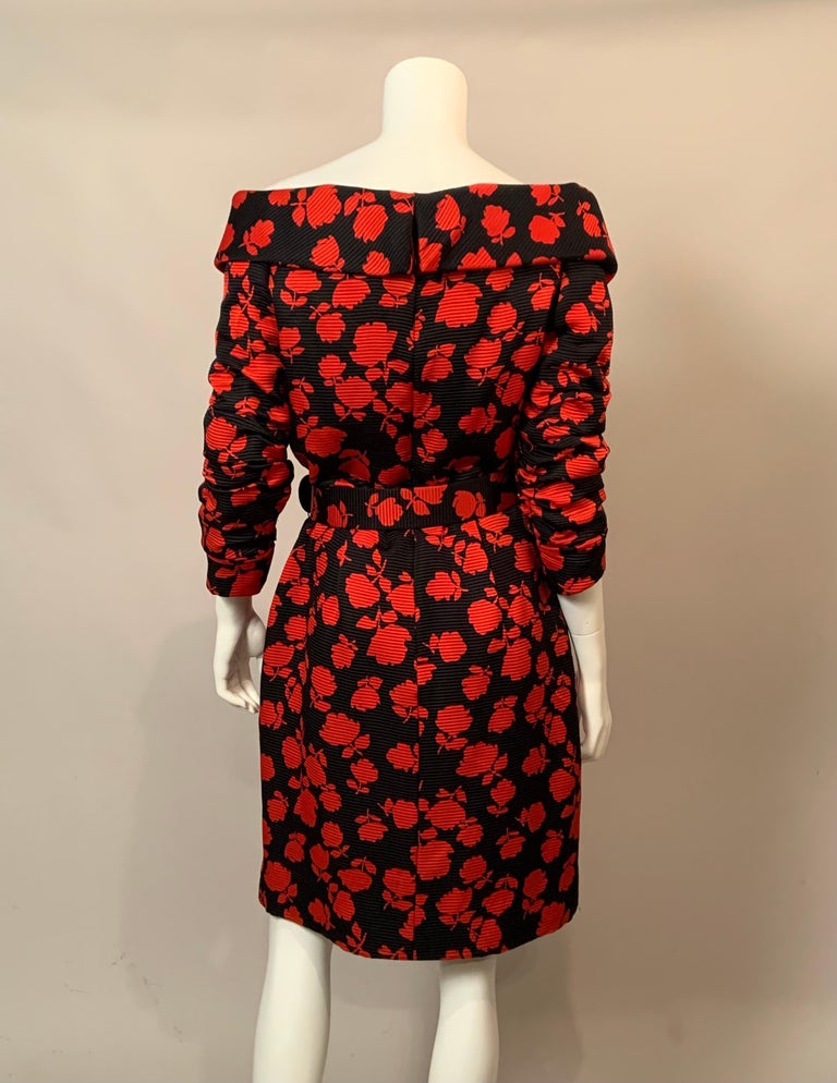 Scaasi Boutique Red Roses on Black Silk Faille Off the Shoulder Cocktail Dress For Sale 3