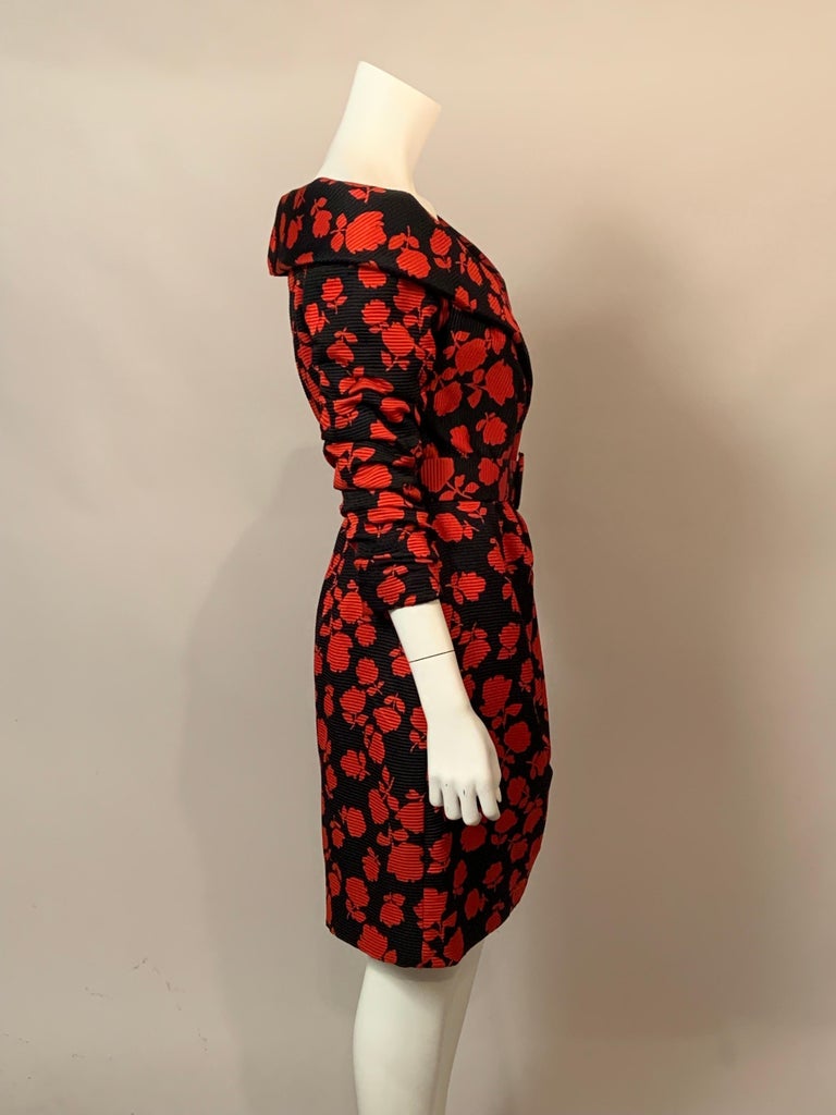 Scaasi Boutique Red Roses on Black Silk Faille Off the Shoulder Cocktail Dress For Sale 4