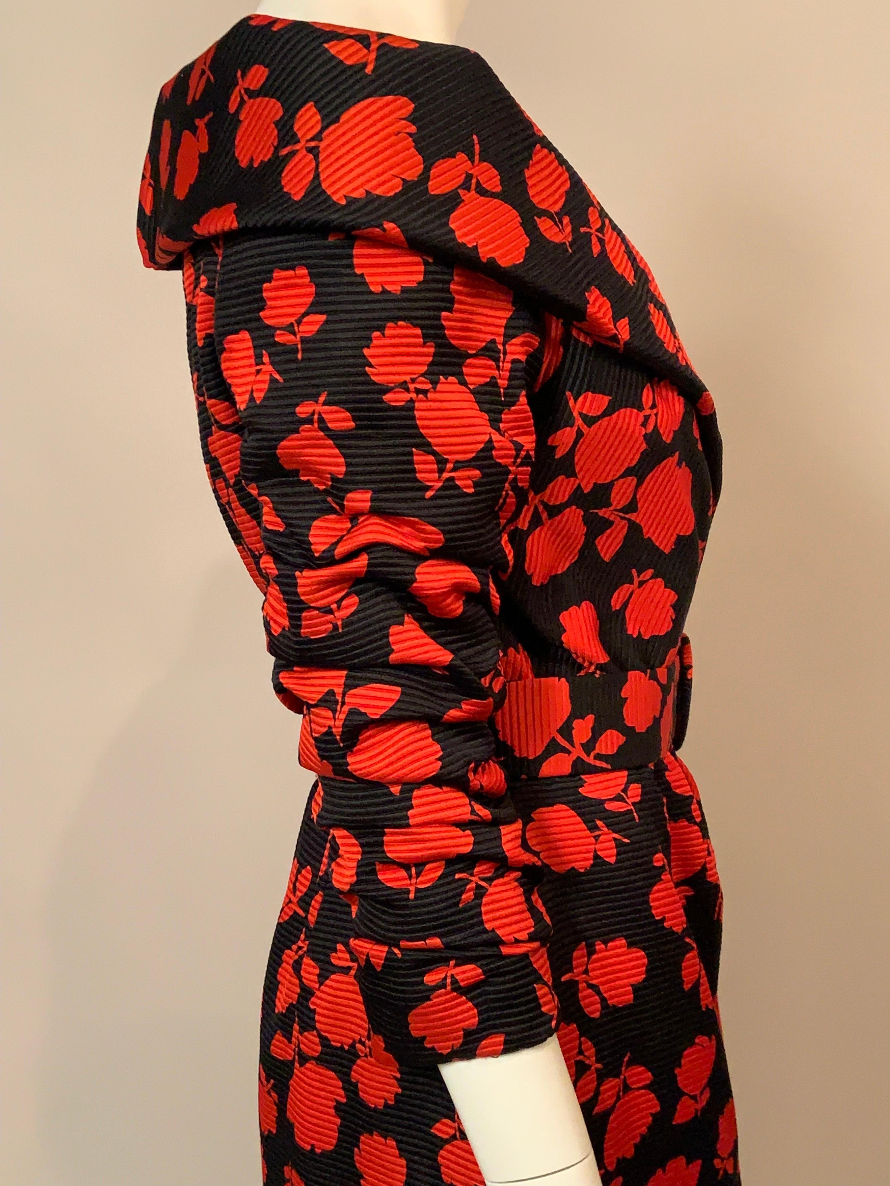 Scaasi Boutique Red Roses on Black Silk Faille Off the Shoulder Cocktail Dress For Sale 5