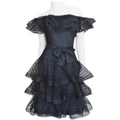 Scaasi Boutique Silk Ruffle Off Shoulder Dress 1980s