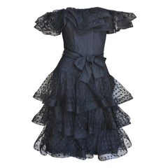 Scaasi Boutique Silk Ruffle Off Shoulder Dress 1980s