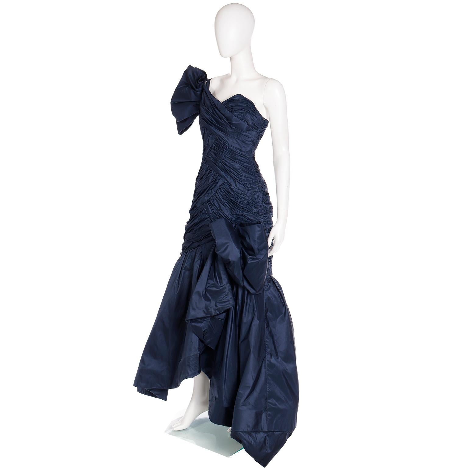 Scaasi Boutique Vintage One Shoulder Pleated Blue Evening Gown With Giant Bow For Sale 6