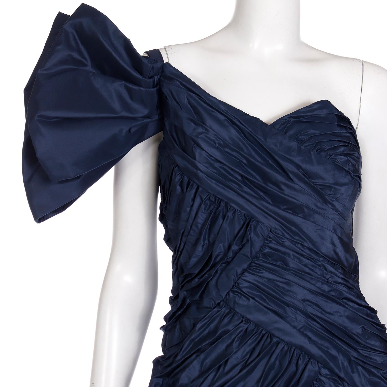 Scaasi Boutique Vintage One Shoulder Pleated Blue Evening Gown With Giant Bow For Sale 7