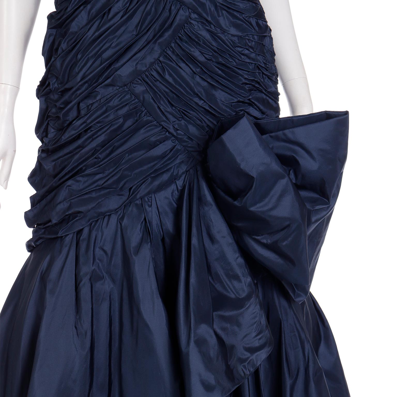 Scaasi Boutique Vintage One Shoulder Pleated Blue Evening Gown With Giant Bow For Sale 8