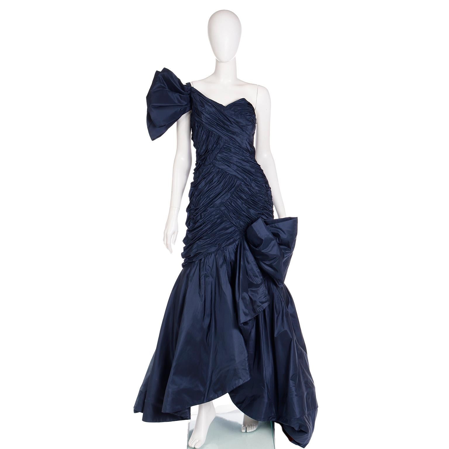 Scaasi Boutique Vintage One Shoulder Pleated Blue Evening Gown With Giant Bow For Sale 1