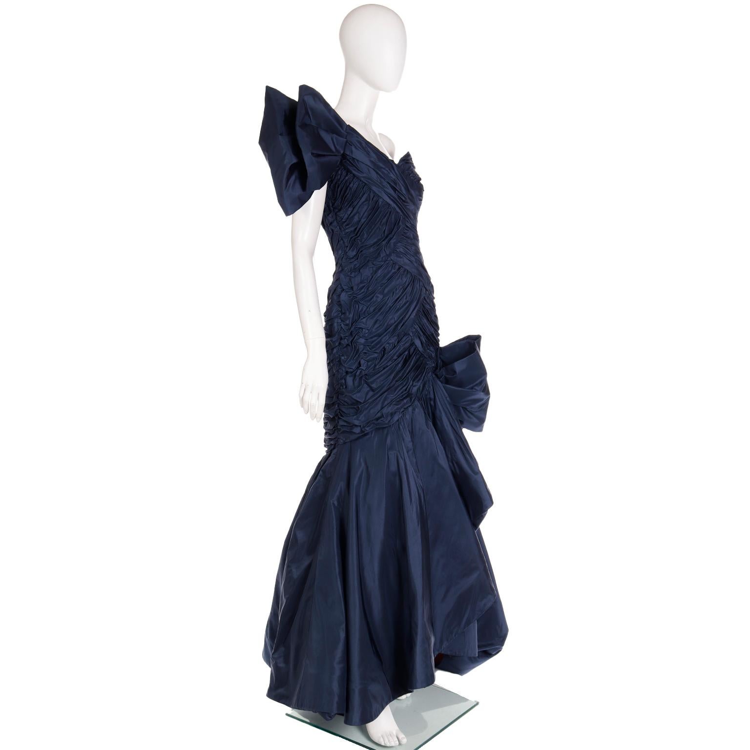 Scaasi Boutique Vintage One Shoulder Pleated Blue Evening Gown With Giant Bow For Sale 2
