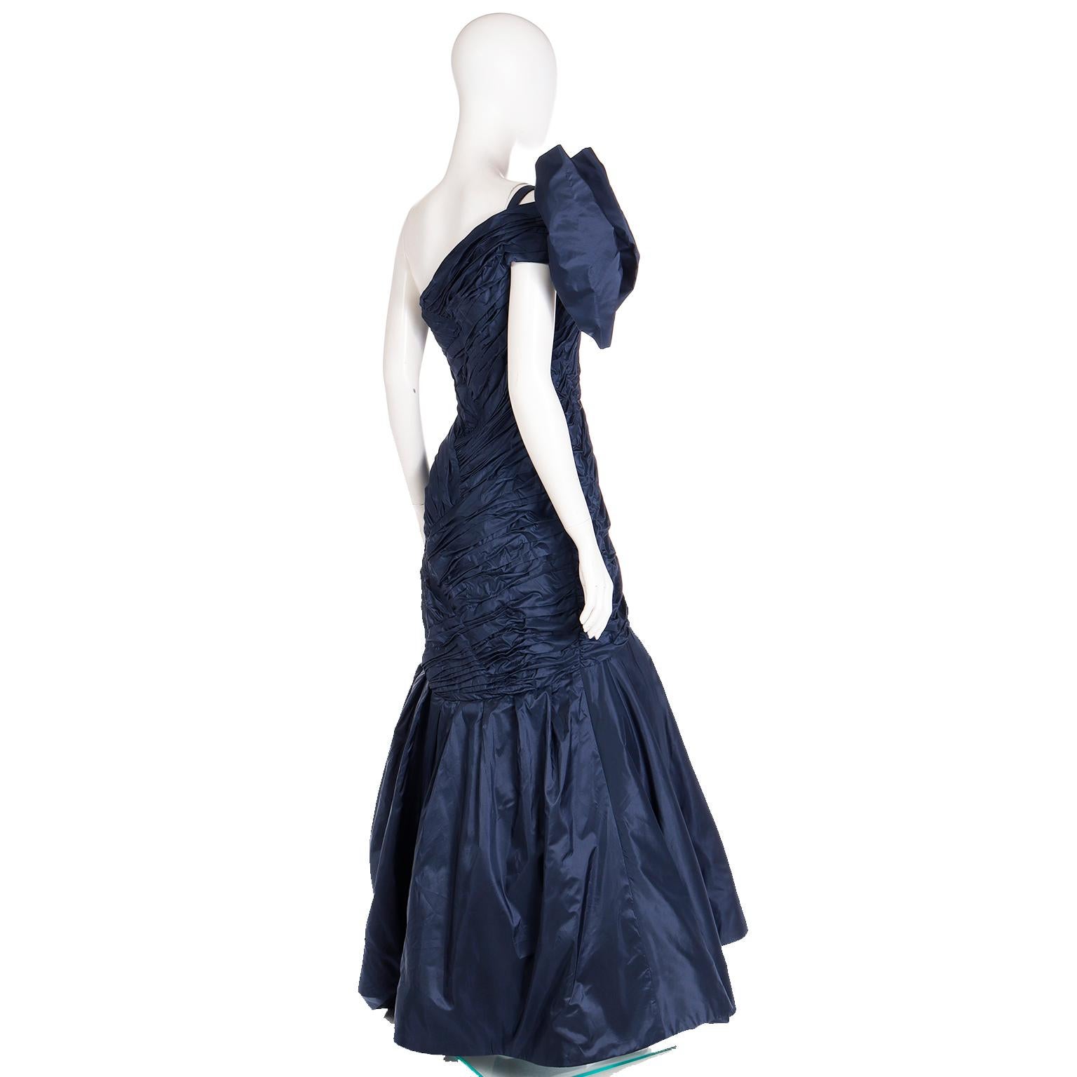 Scaasi Boutique Vintage One Shoulder Pleated Blue Evening Gown With Giant Bow For Sale 3