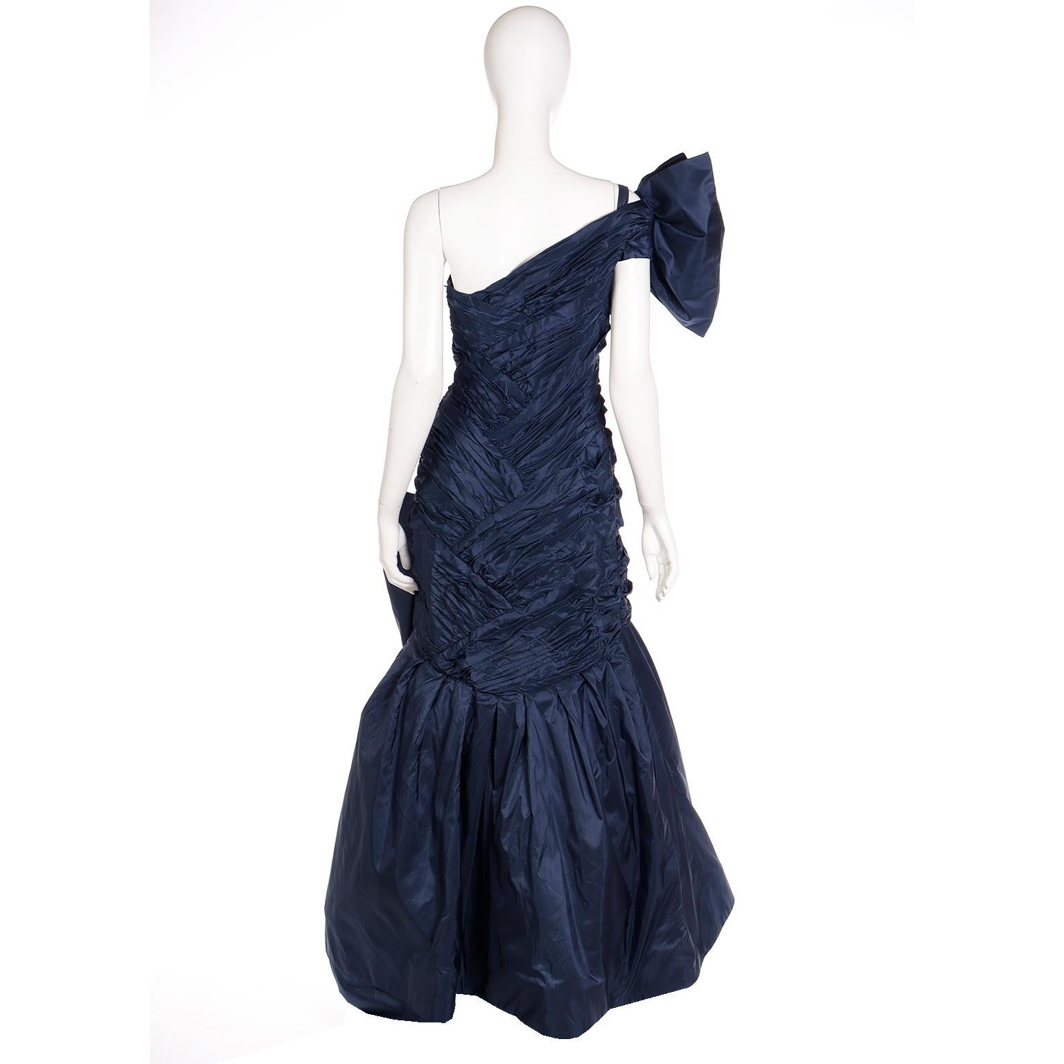 Scaasi Boutique Vintage One Shoulder Pleated Blue Evening Gown With Giant Bow For Sale 4
