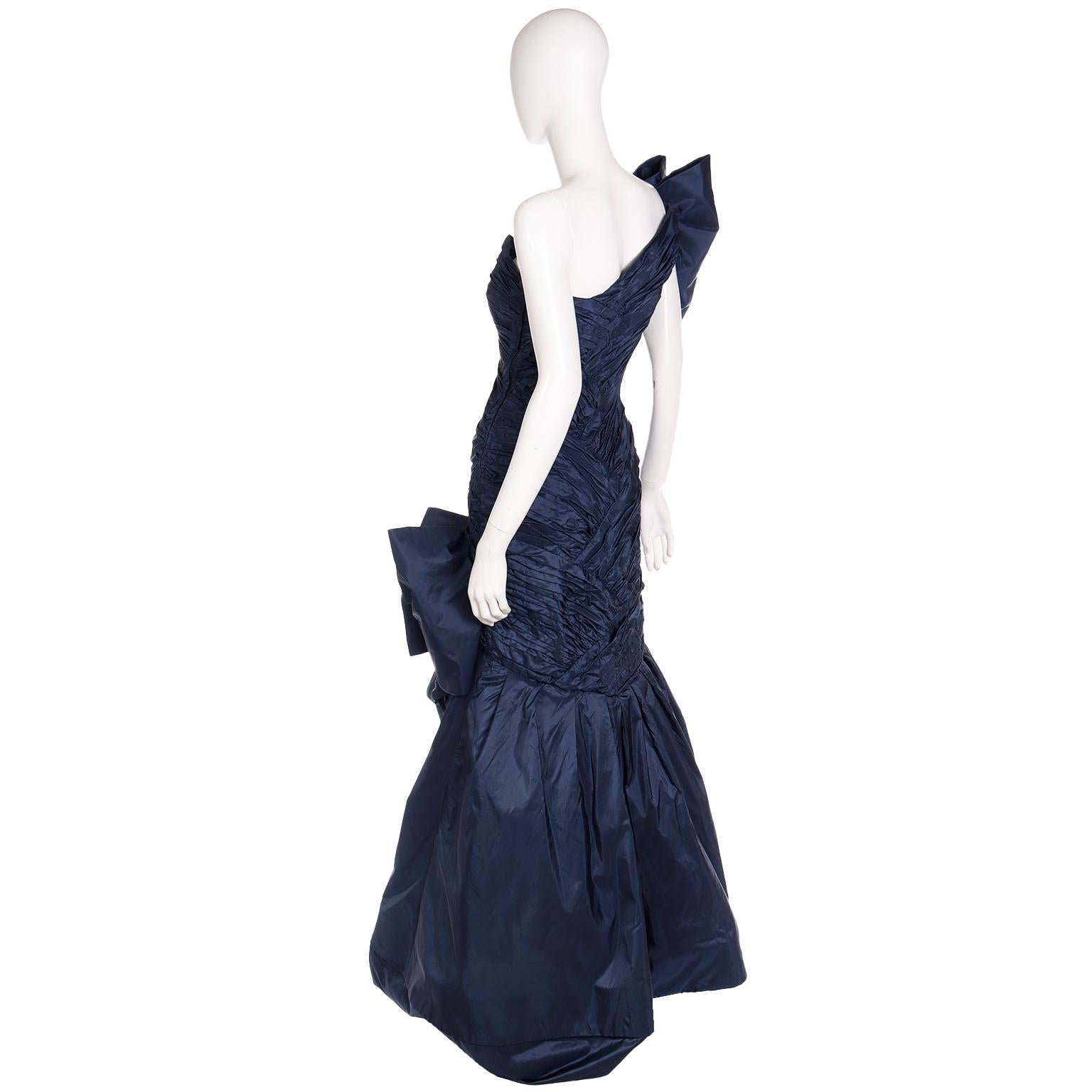 Scaasi Boutique Vintage One Shoulder Pleated Blue Evening Gown With Giant Bow For Sale 5