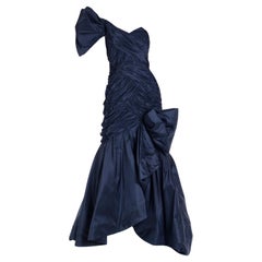 Scaasi Boutique Vintage One Shoulder Pleated Blue Evening Gown With Giant Bow