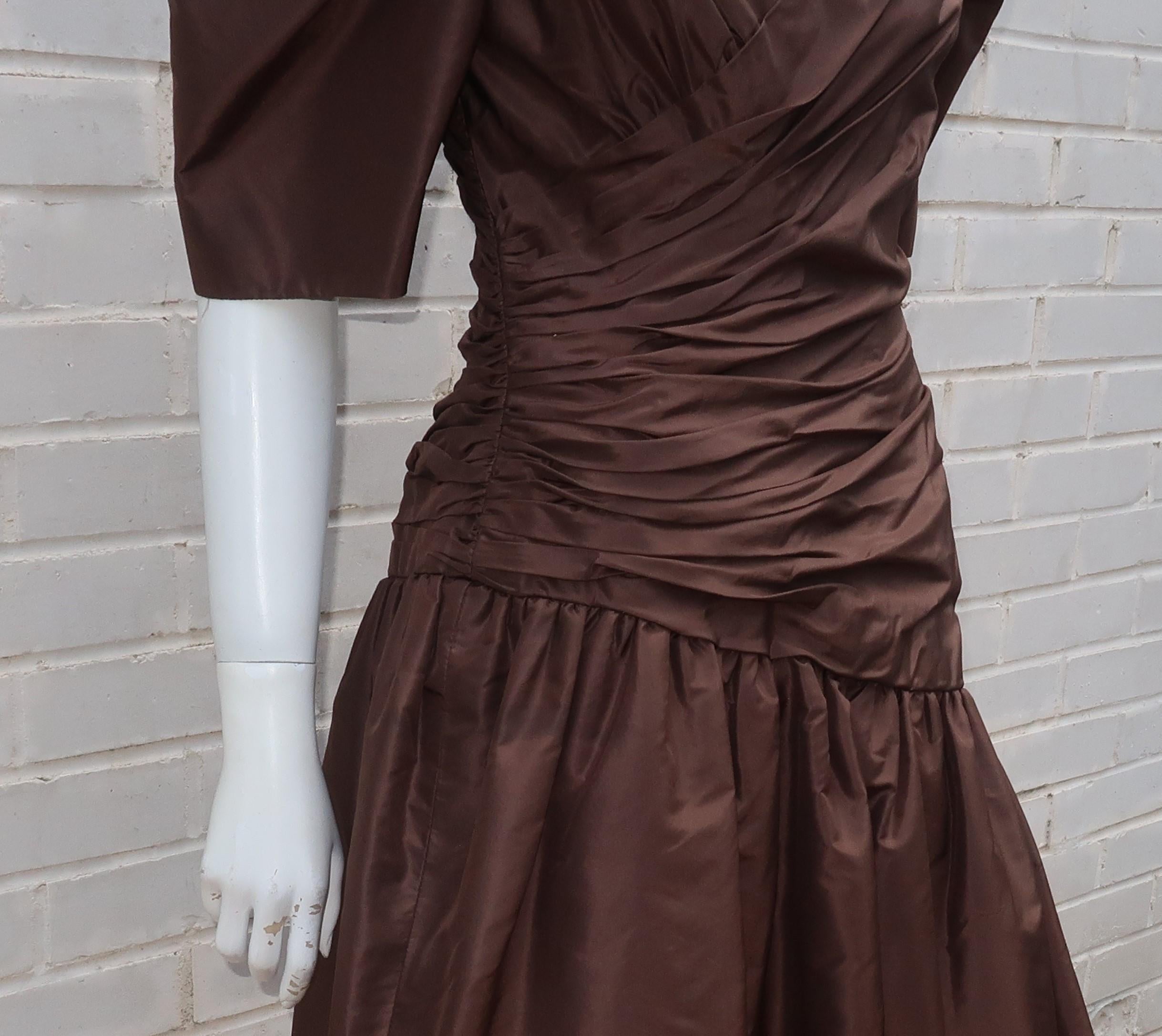 Black Scaasi Brown Taffeta Cocktail Dress, 1980’s For Sale