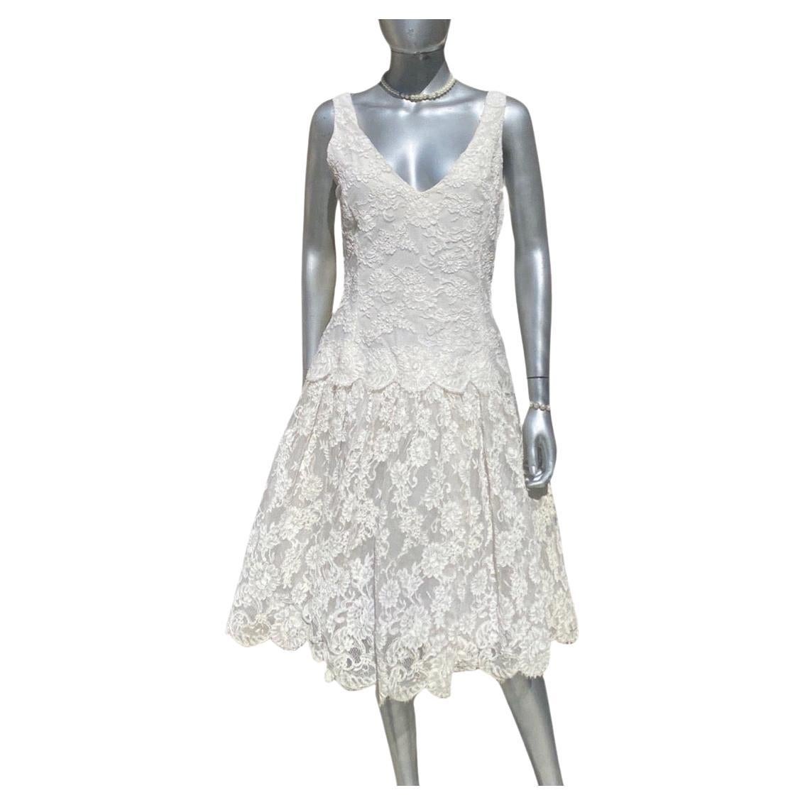 Scaasi para Martha Primavera Verano Vestido de fiesta de encaje blanco sin mangas Talla 10