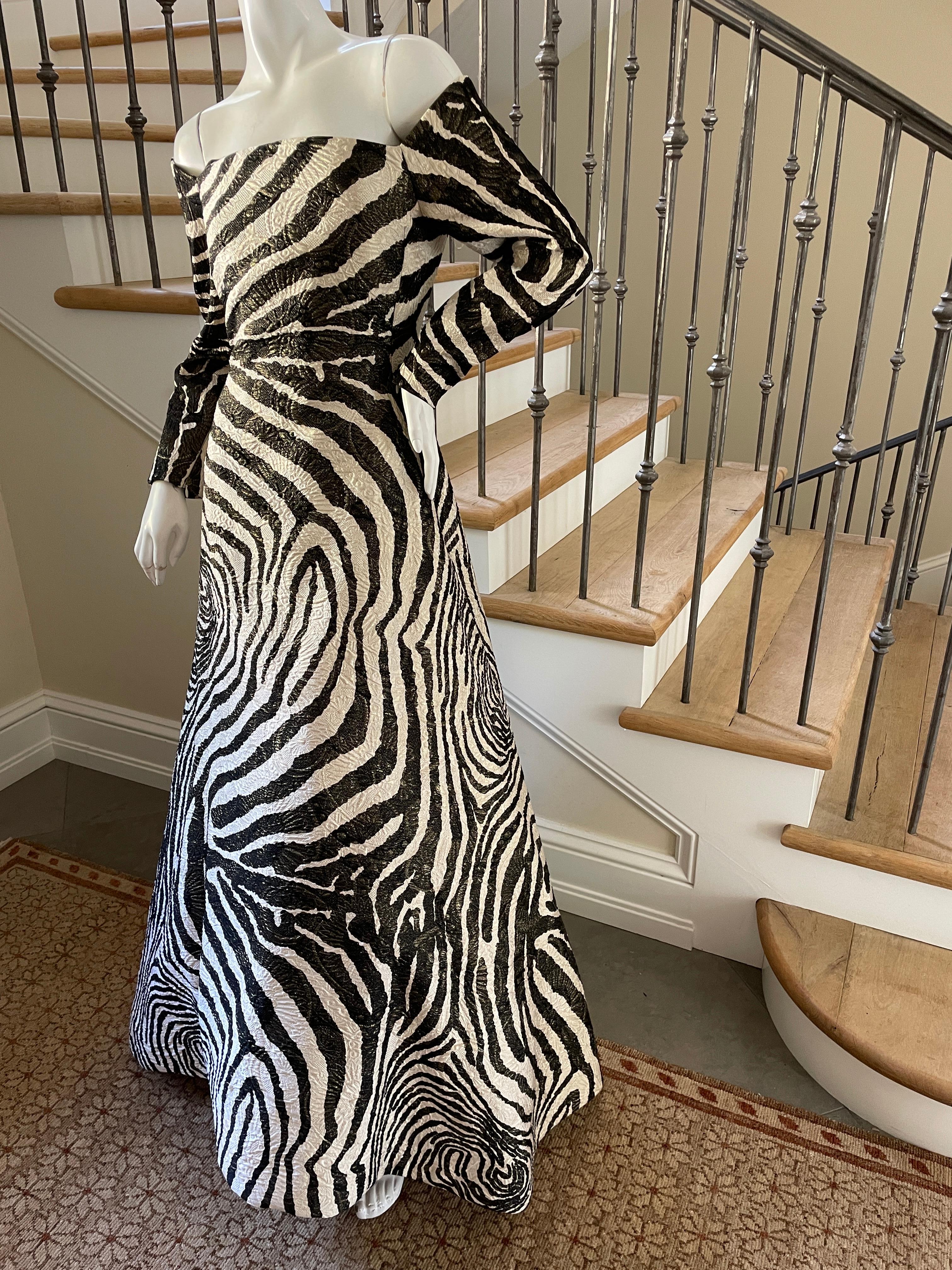 Black Scaasi Saks Fifth Ave Vintage Off the Shoulder Zebra Pattern Brocade Ball Gown  For Sale