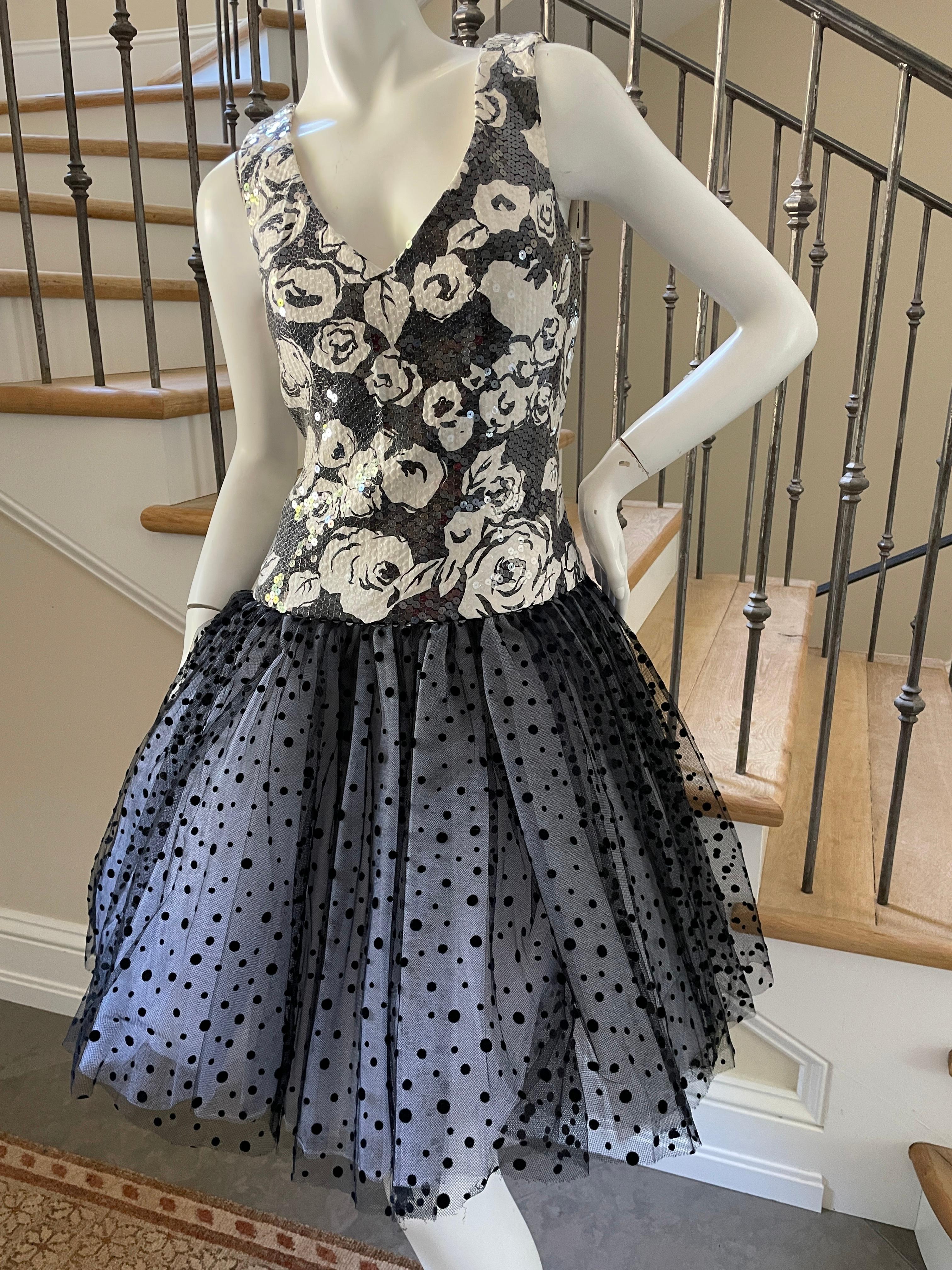 Scaasi Vintage Cocktail Dress with Floral Sequins and Polka Dot Net Ballerina Skirt.
Three layers of petticoats.
Size M (no size label)
 Bust 40