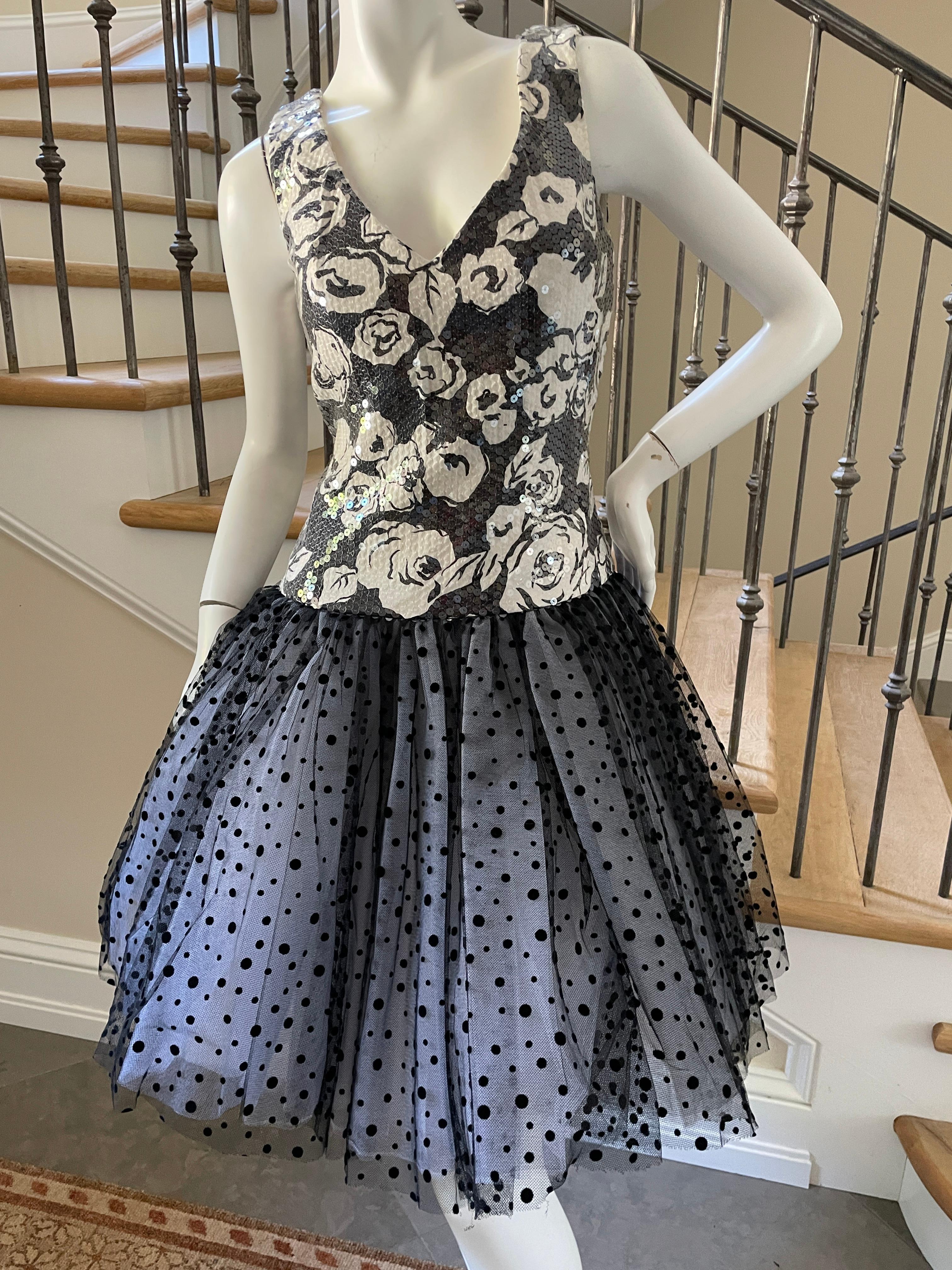 Black Scaasi Sequin Sleeveless Cocktail Dress w Polka Dot Petticoat Ballerina Skirt  For Sale