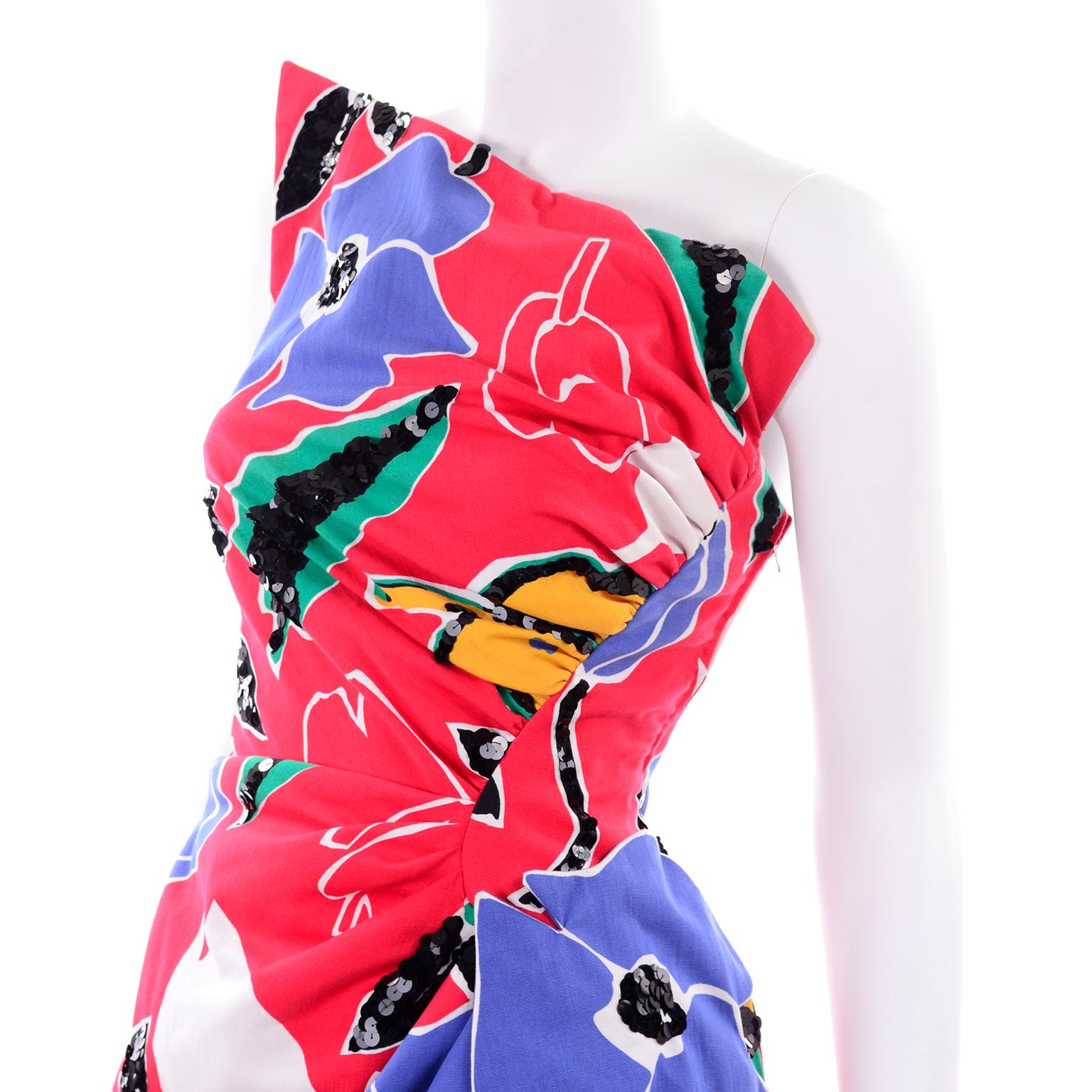 Vintage Scaasi Red Blue Yellow Floral One Shoulder Evening Dress W Sequins 7
