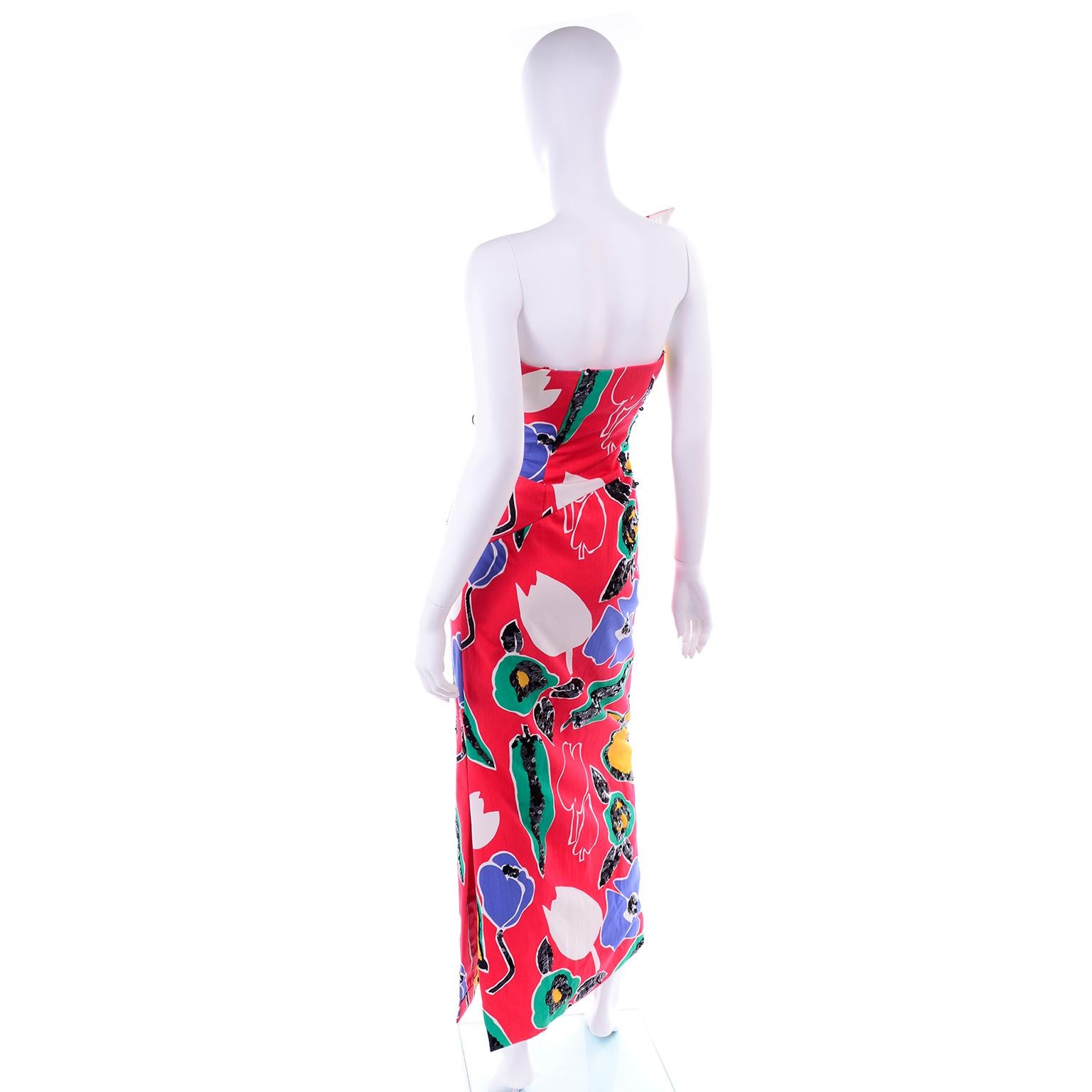 Vintage Scaasi Red Blue Yellow Floral One Shoulder Evening Dress W Sequins In Excellent Condition In Portland, OR