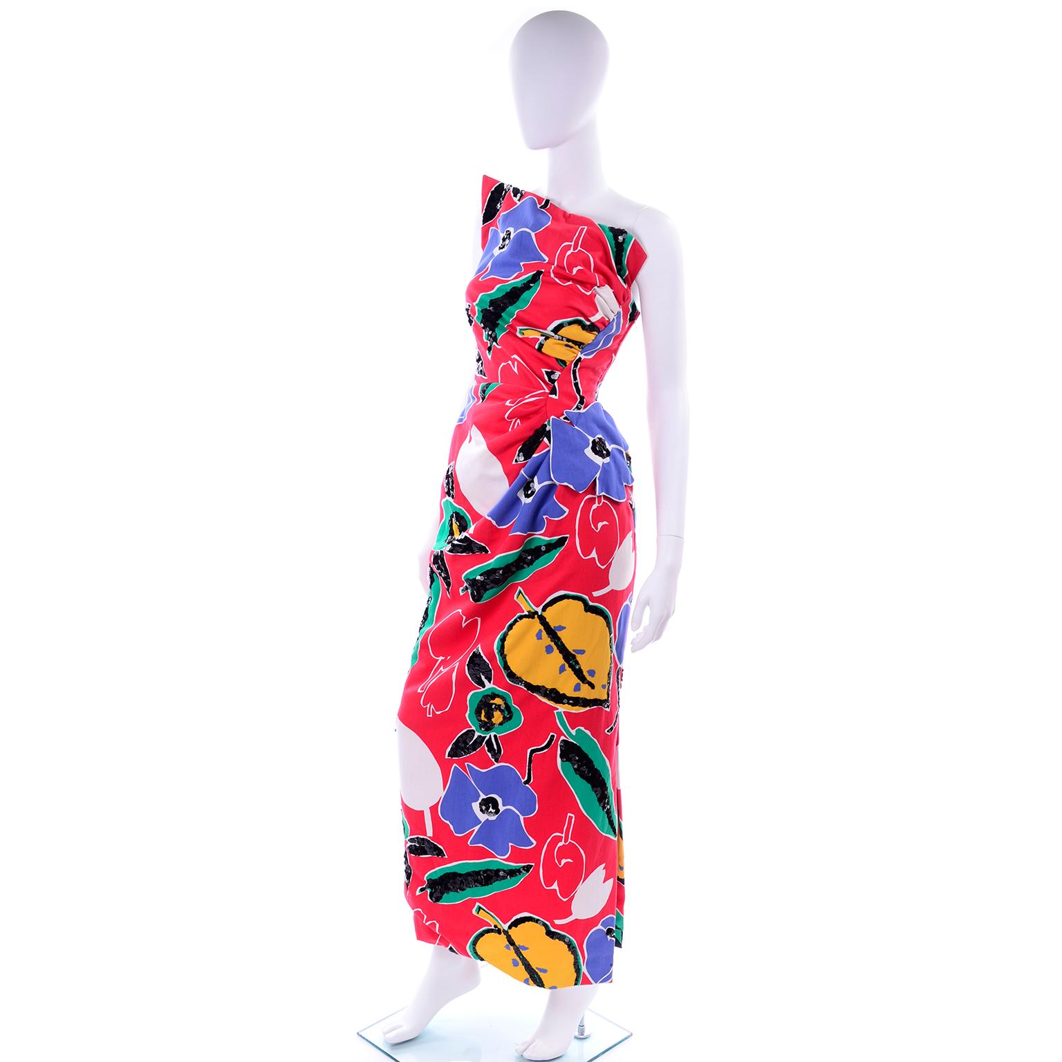 Women's Vintage Scaasi Red Blue Yellow Floral One Shoulder Evening Dress W Sequins