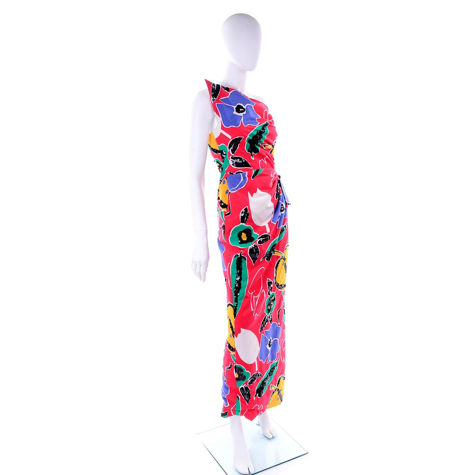 Vintage Scaasi Red Blue Yellow Floral One Shoulder Evening Dress W Sequins 1