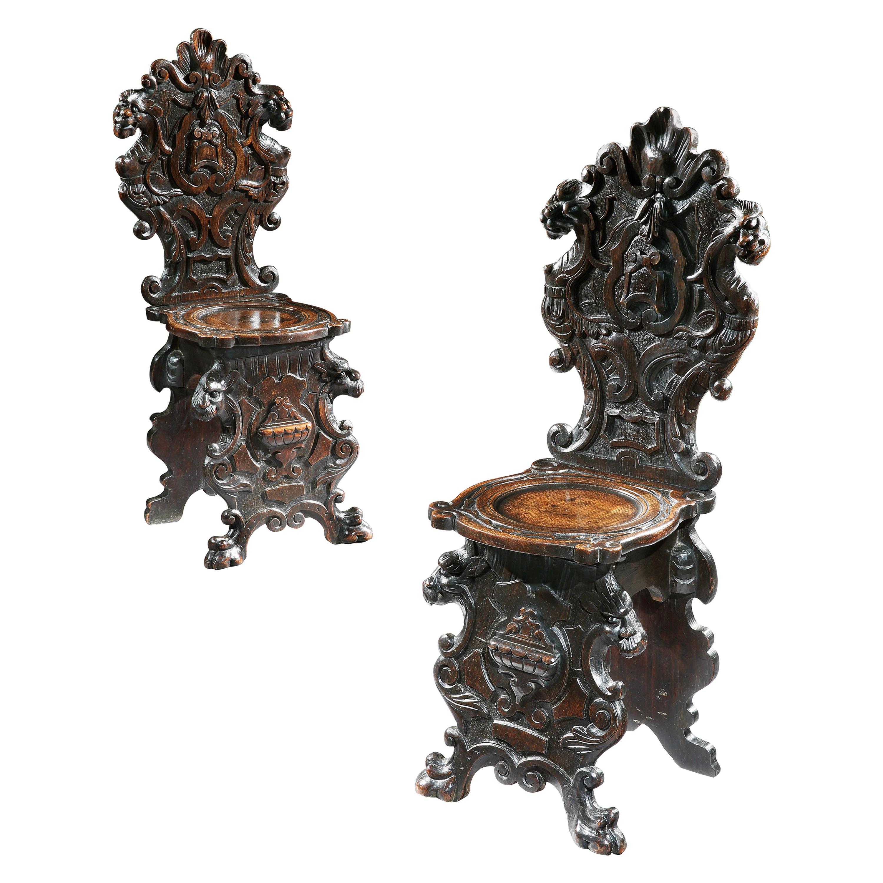 Scabello Chair Pair Hall Renaissance Revival Italian Baroque Oak Scabello Scroll For Sale