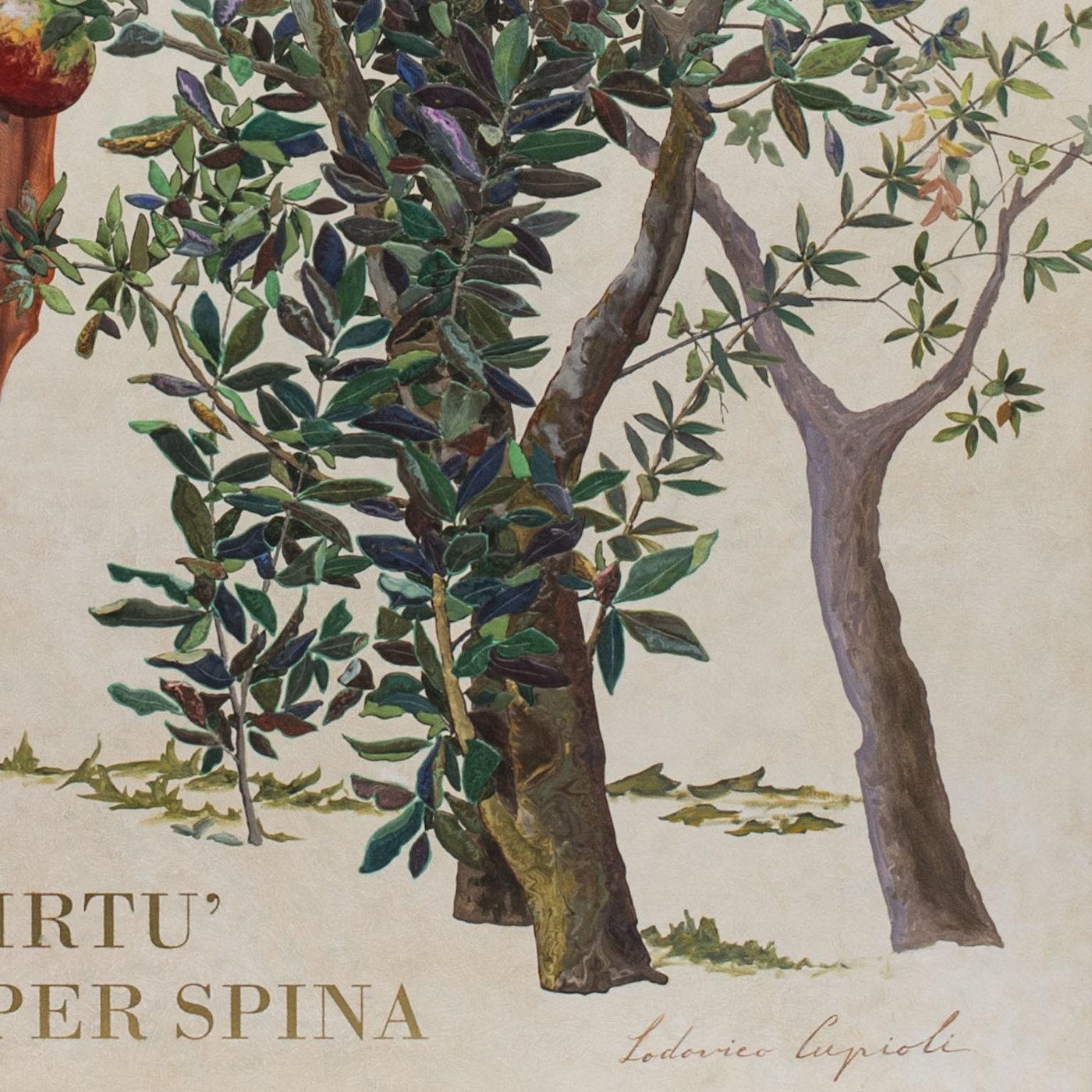 This art panel depicts Livia, wife of Roman Emperors Nero and Augustus, next to a pomegranate tree with the inscription Virtue for Virtue, Thorn by Thorn in Italian. The inscriptions refer to Livia's virtuous, yet problematic, character, as men