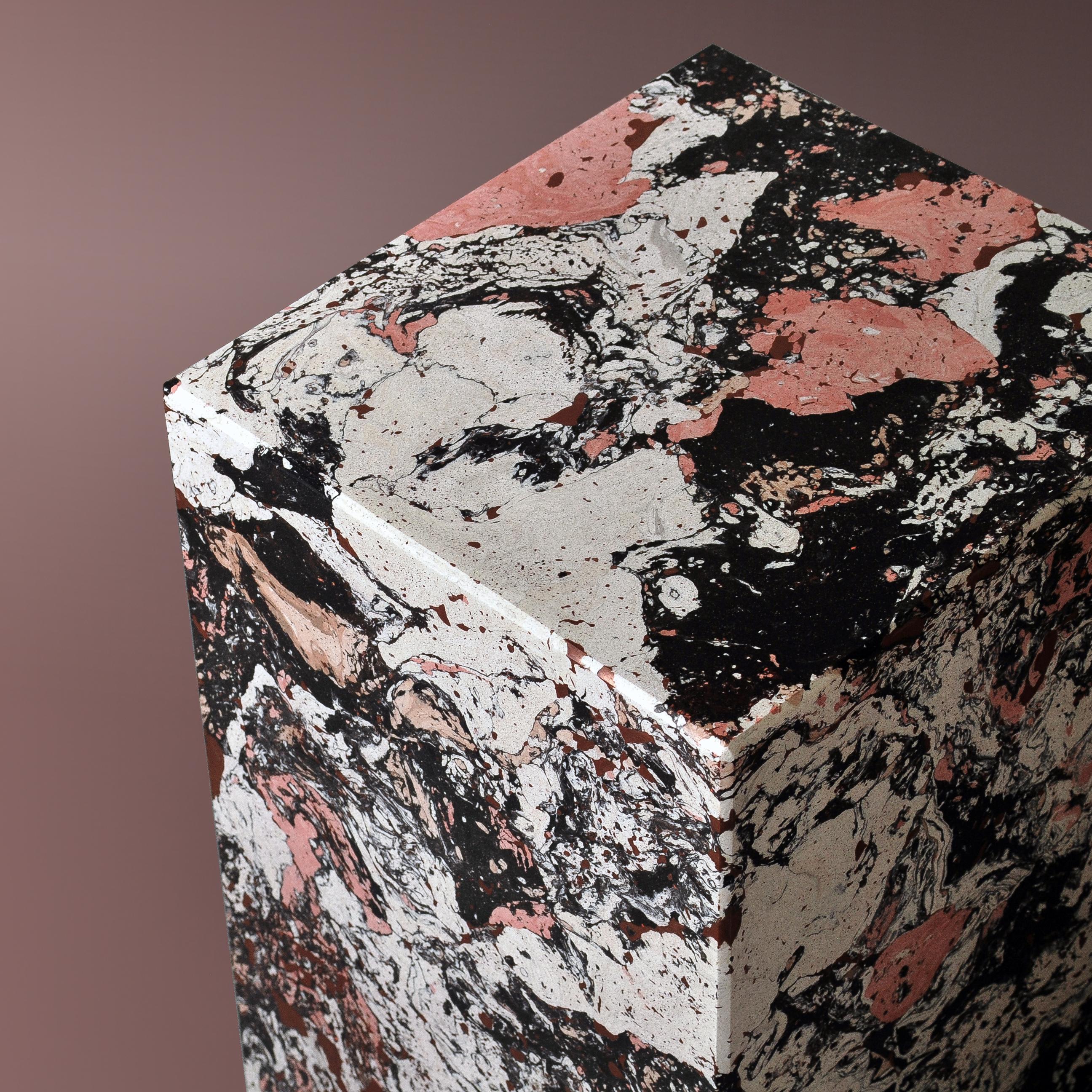 Scagliola side table created using selected natural pigments & liquid copper metal. This is a one-off piece cast by hand and finished with natural oils and waxes.

Colourway - Mars black, ivory white, rose pink, calamine and liquid copper.
 