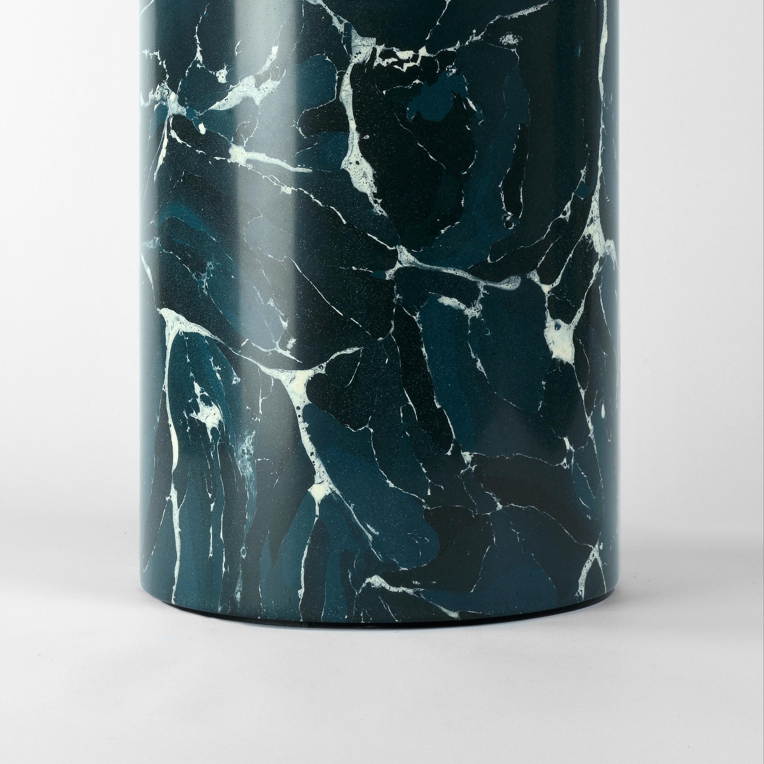 Scagliola table lamp created using shades of deep teal-blue and white veining. 

Crafted using traditional 17th century techniques, each piece is mixed, cast and polished by Christopher in his Worcestershire studio. 

Finished with brass