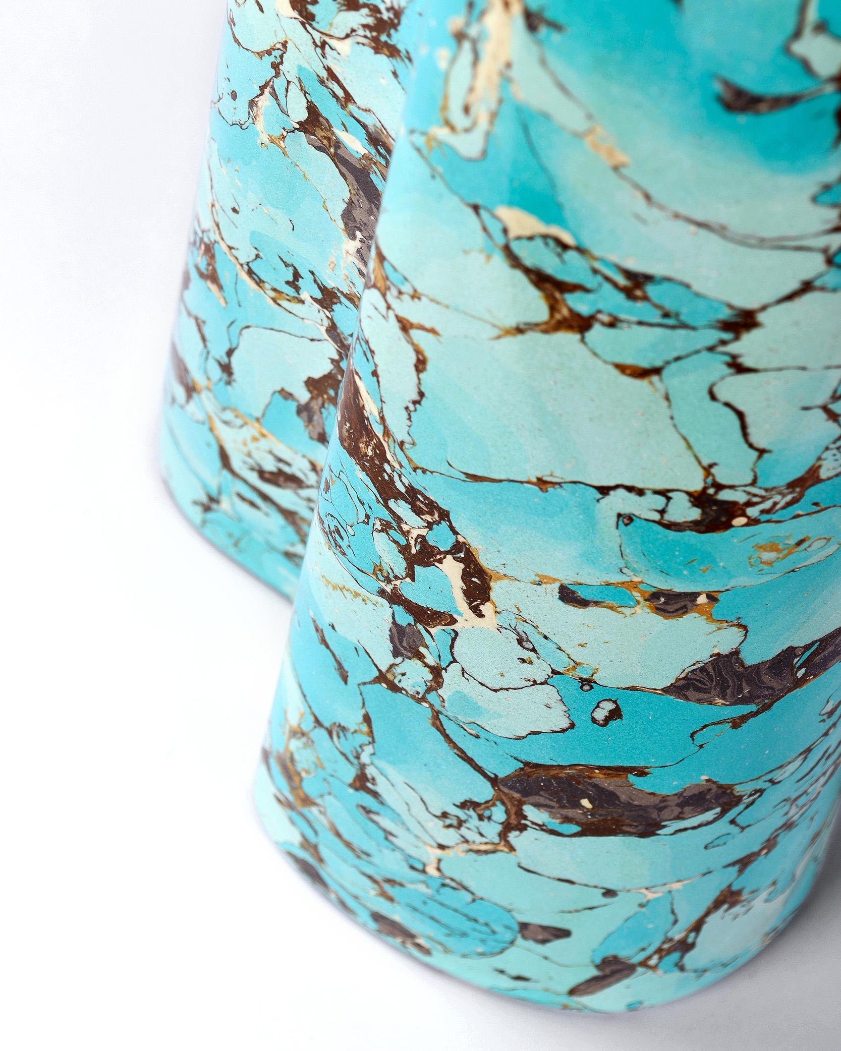 Handcrafter scagliola table lamp made from hues of turquoise blue and autumnal veining.

Crafted using traditional 17th century techniques, each piece is mixed, cast and polished by Christopher in his Worcestershire studio. 

Finished with brass