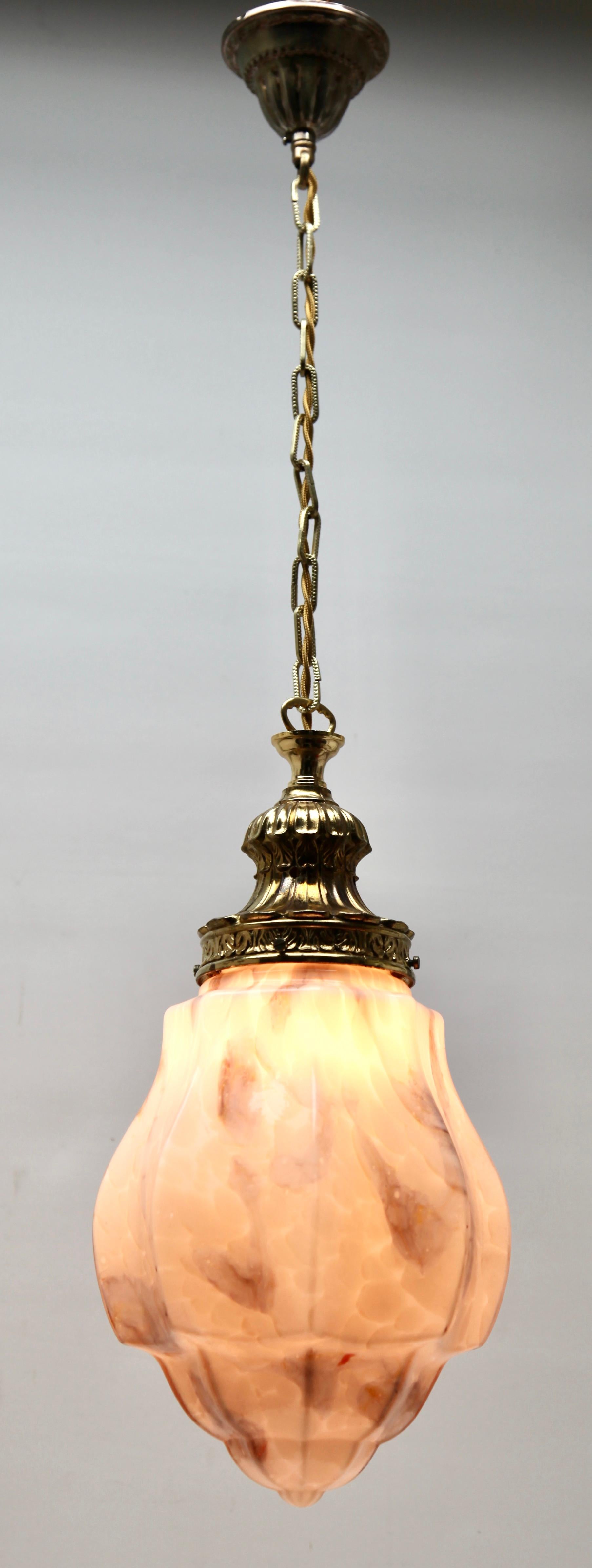 Scailmont Pendant Lamp with a Opaline Shade and Brass Fittings, 1930s, Belgium 3