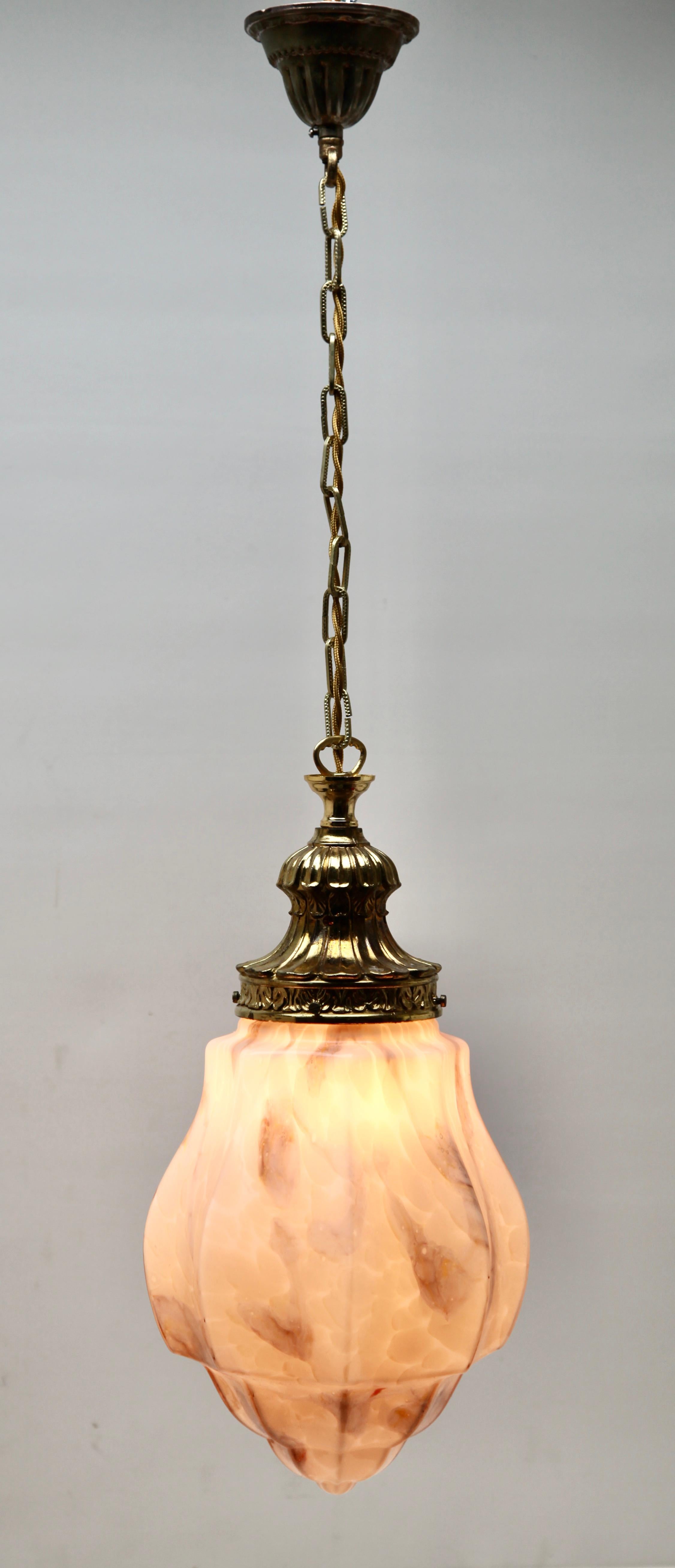 Art Deco Scailmont Pendant Lamp with a Opaline Shade and Brass Fittings, 1930s, Belgium