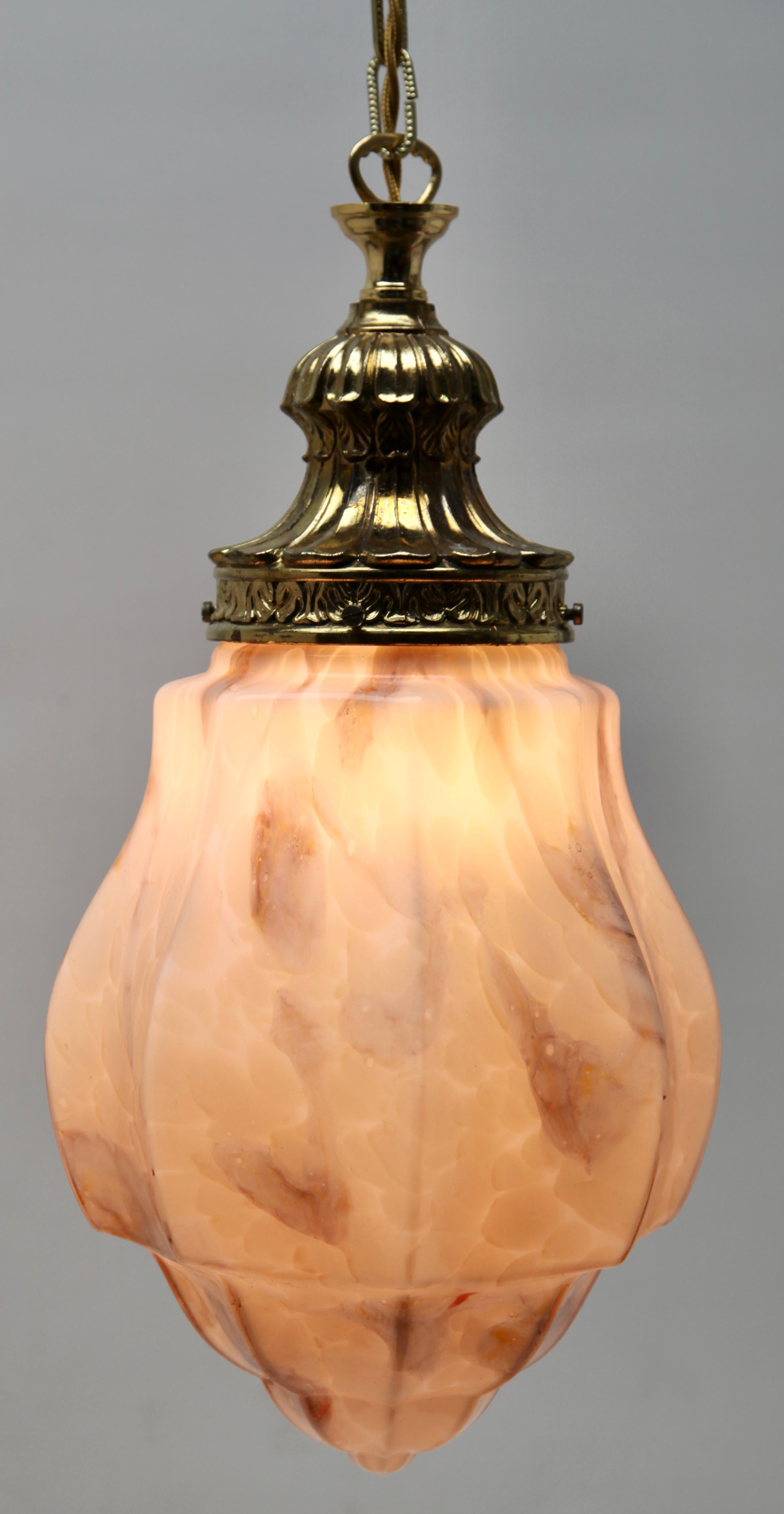 Belgian Scailmont Pendant Lamp with a Opaline Shade and Brass Fittings, 1930s, Belgium