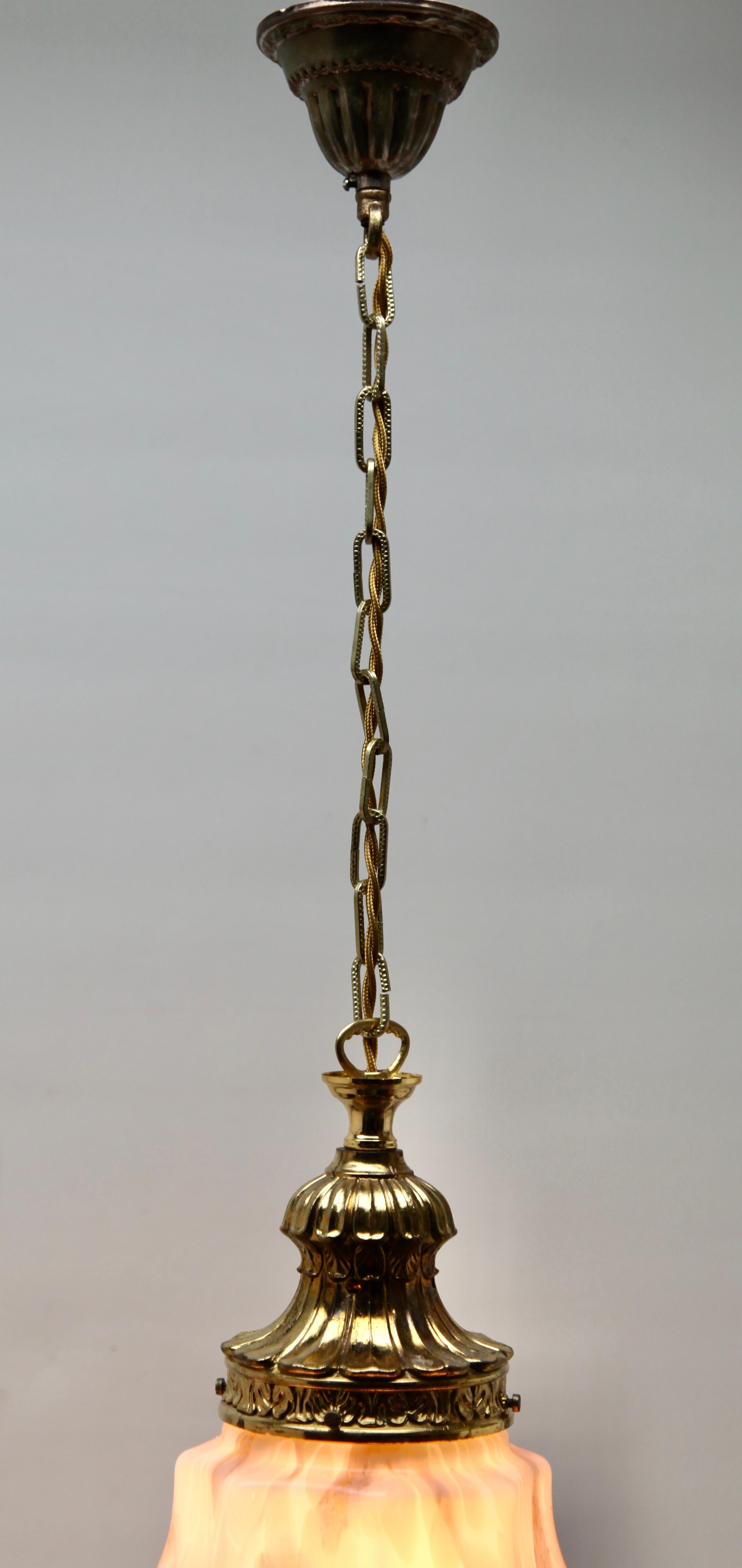 Scailmont Pendant Lamp with a Opaline Shade and Brass Fittings, 1930s, Belgium 2