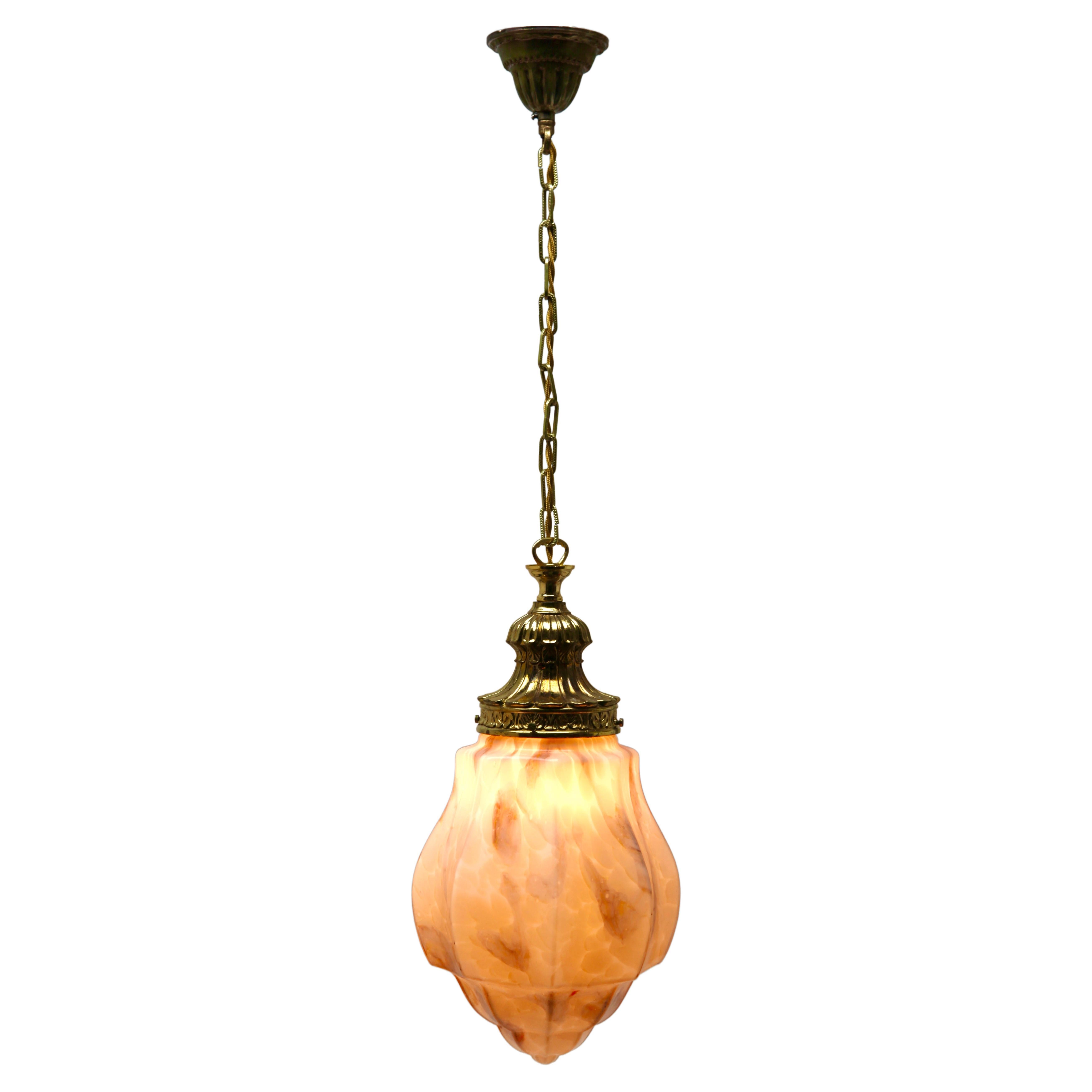 Scailmont Pendant Lamp with a Opaline Shade and Brass Fittings, 1930s, Belgium