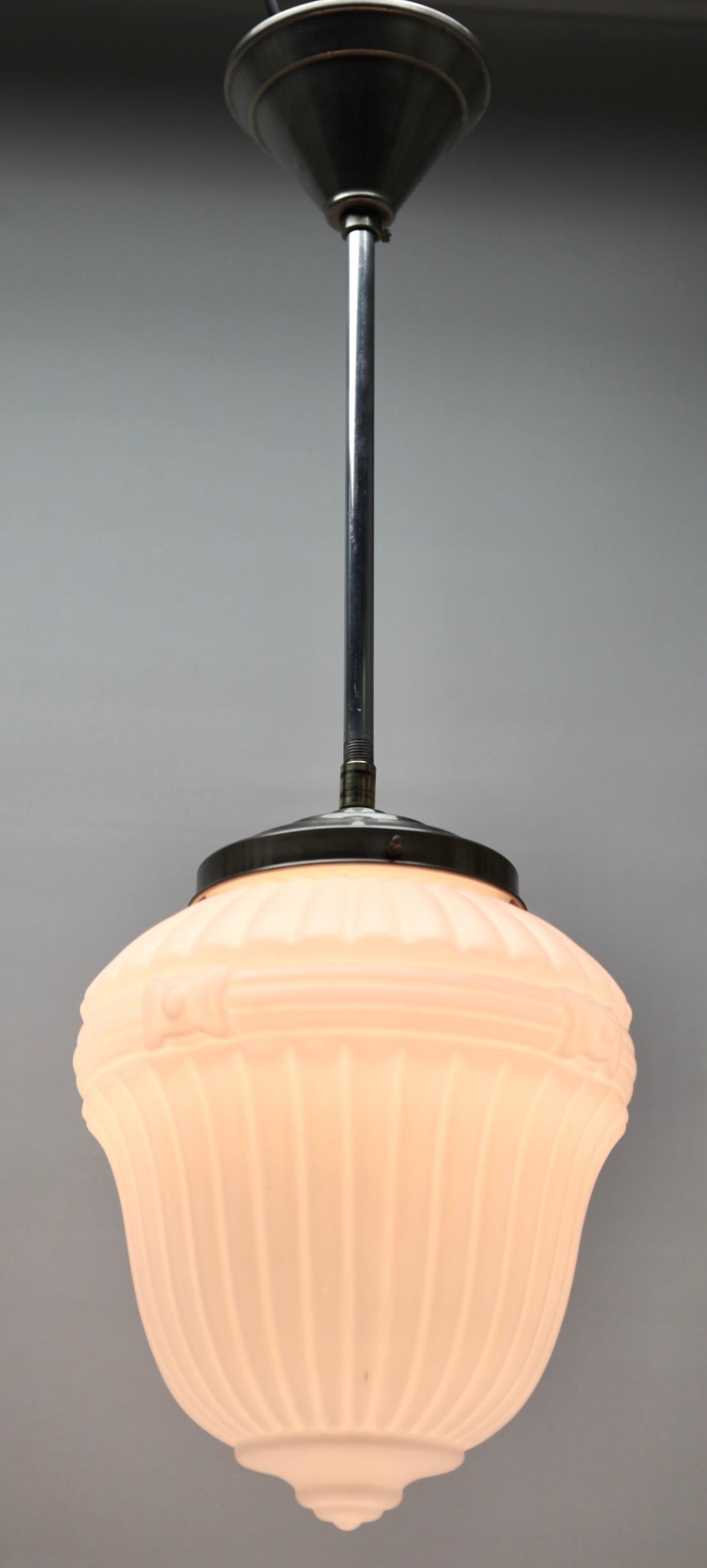 Mid-20th Century Scailmont Pendant Lamp with a Opaline Shade and Chrome Fittings, 1930s, Belgium For Sale