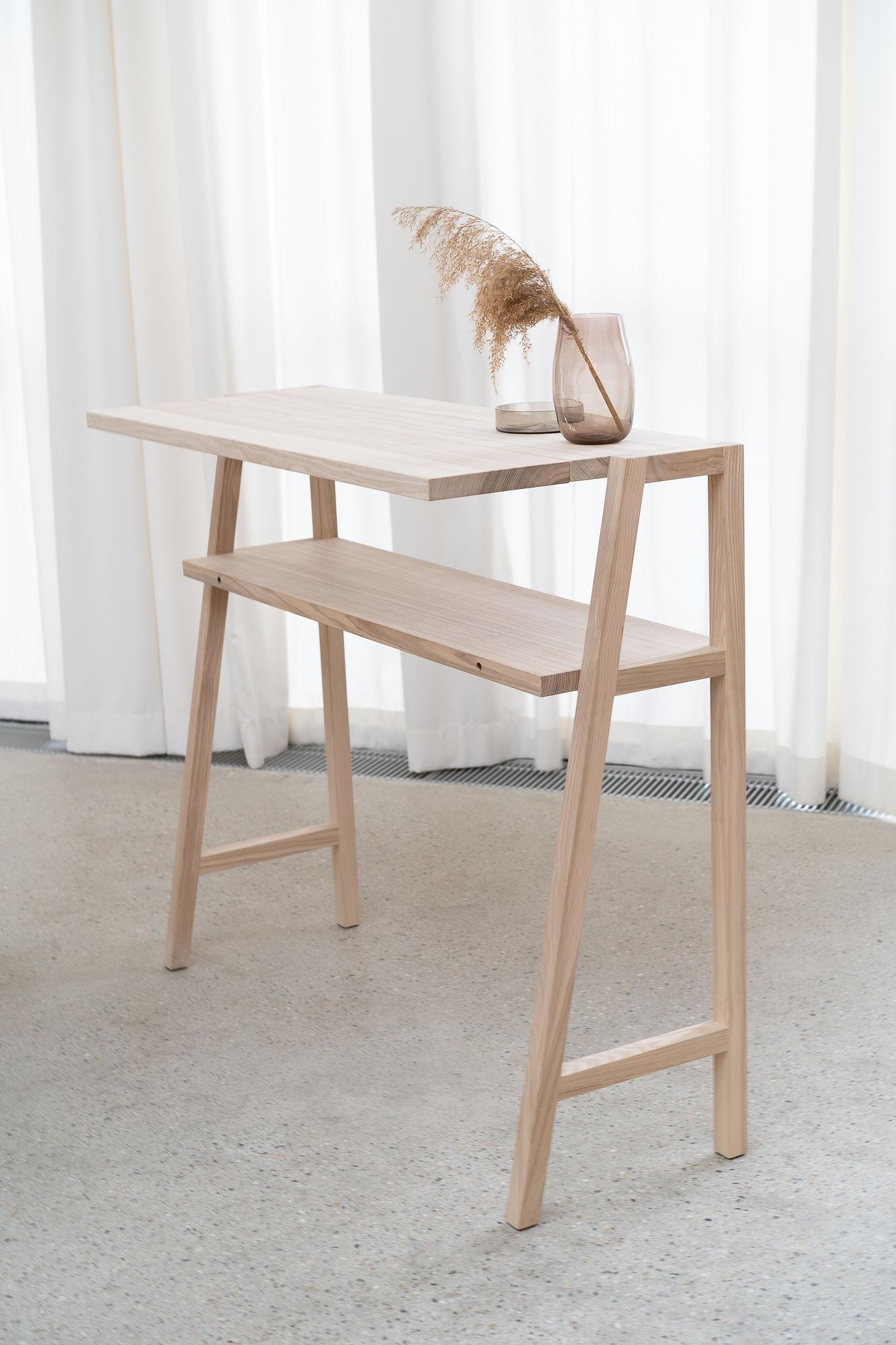 Scala Flex Desk 85 by Frau Caze
Dimensions: D 52 x W 85 x H 105 cm.
Materials: Soaped ash.

Available in 85 or 120cm width. Please contact us.

Flex Desk Scala allows you to switch between sitting and standing orientations. Simply insert the