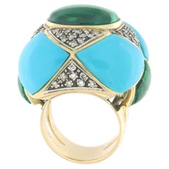 SCALA GIOIELLI 14K Yellow Gold Malachite Turquoise Diamonds Cocktail Ring