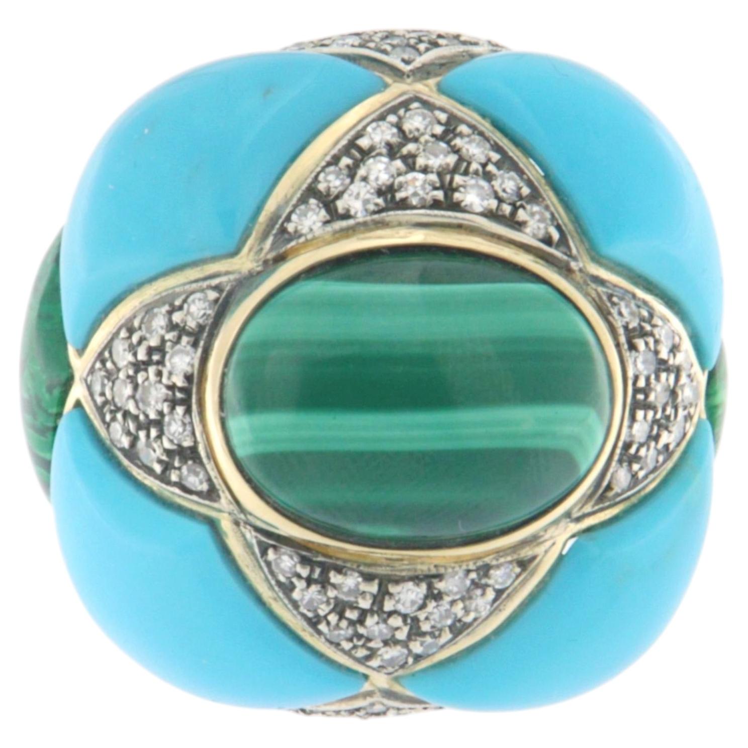 SCALA GIOIELLI Anello da cocktail in oro giallo 14K con malachite e turchese e diamanti