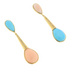 SCALA GIOIELLI 18kt Yellow Gold Turquoise Coral Diamonds Drop Earrings