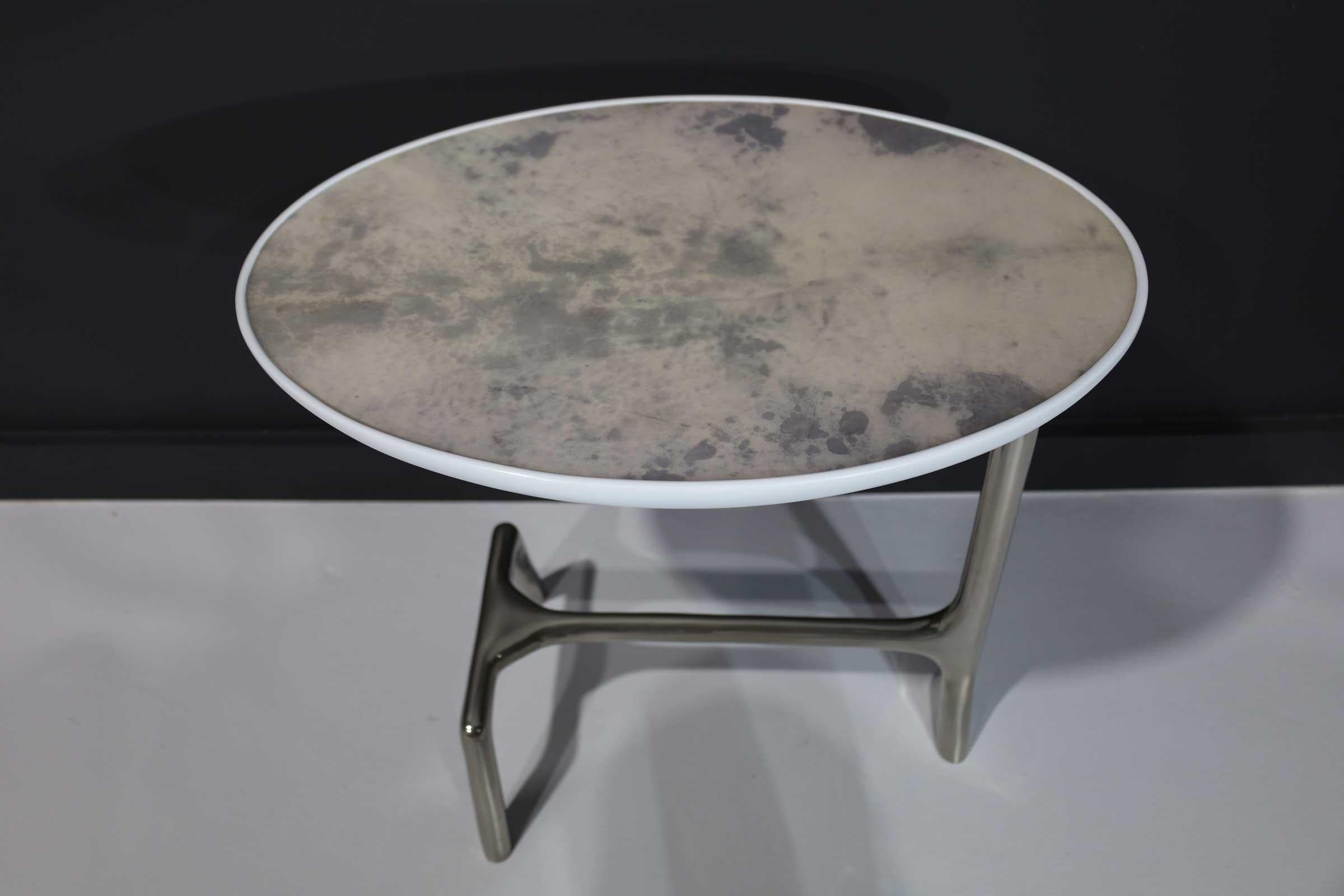 Shagreen Scala Luxury Uovo Side Table in Polished Nickel and Polished Goatskin For Sale