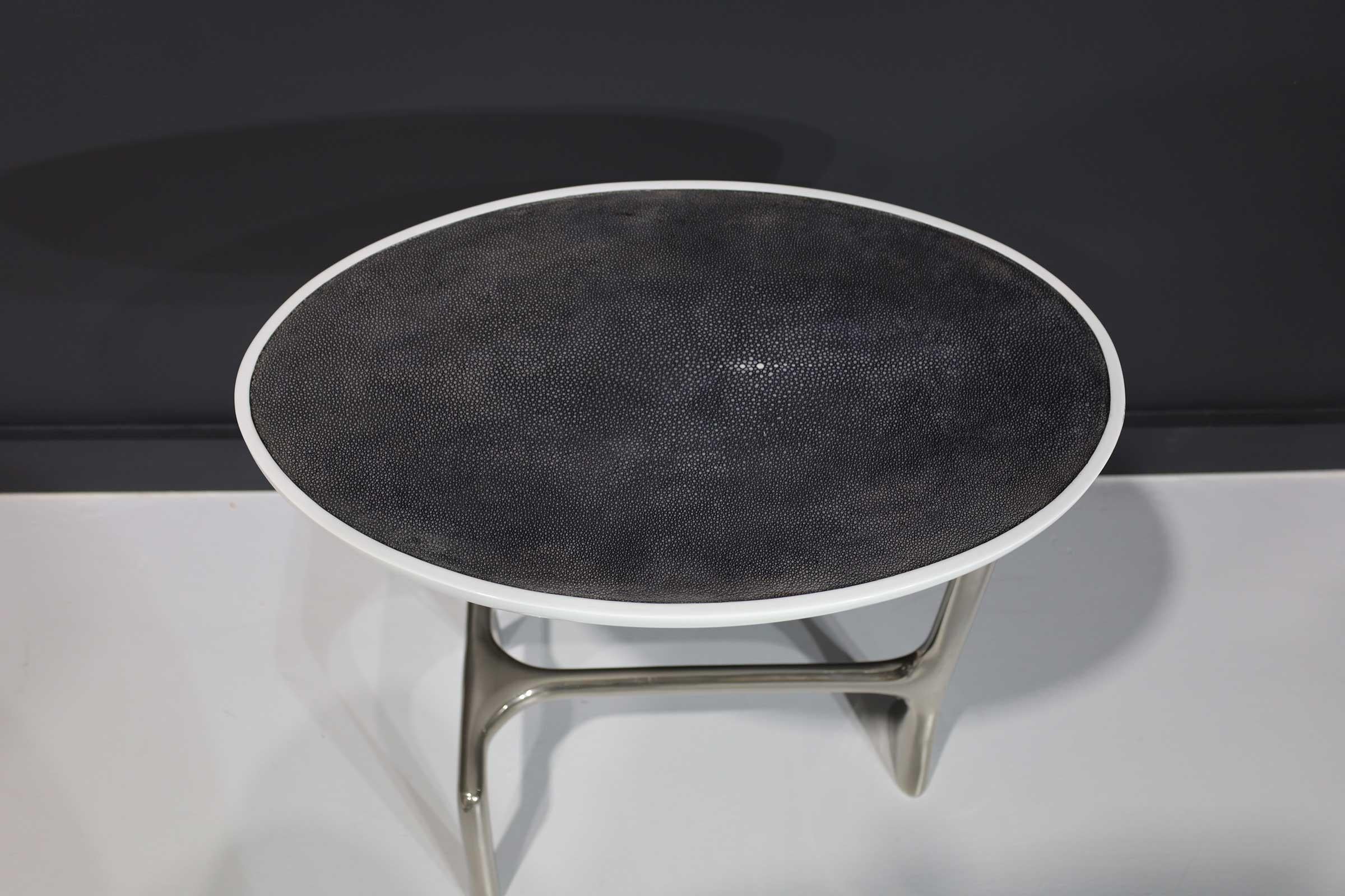 Contemporary Scala Luxury Uovo Side Table in Polished Nickel and Shagreen For Sale