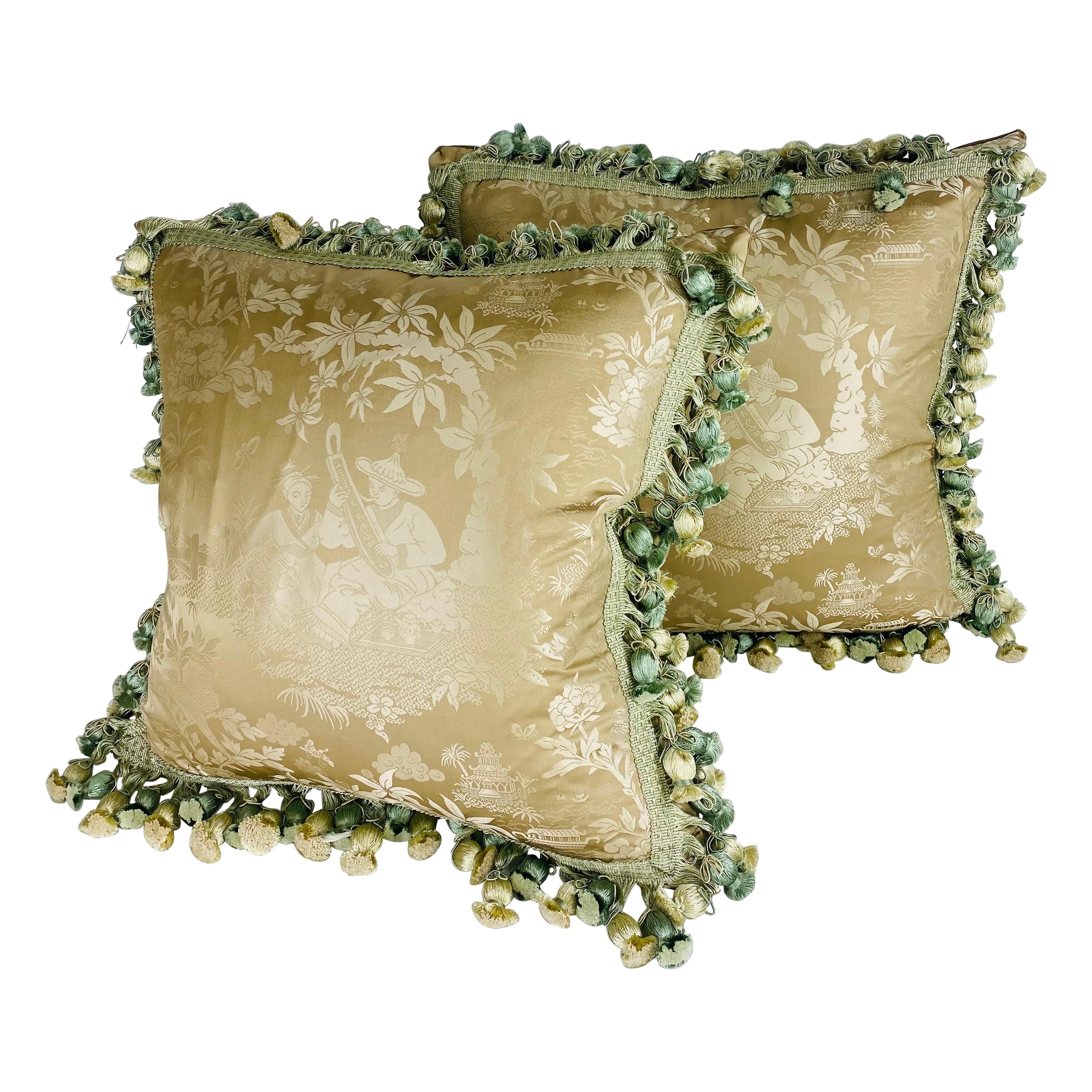 Scalamandre chinoiserie tasseled silk pillows/ a pair