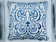 Scalamandré 'Cirrus Velvet Damask' White and Blue Pillows with Fringe, Pair
