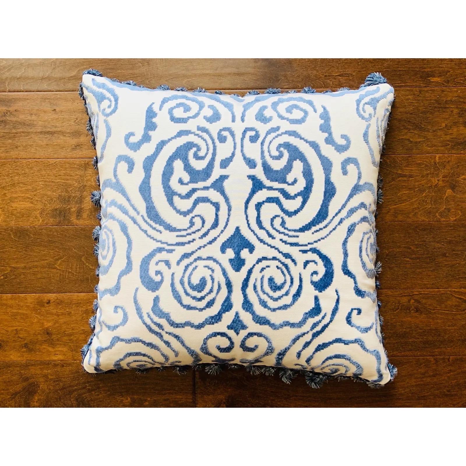 Listed is a stunning pair of new, custom-made Scalamandré 'Cirrus Velvet Damask' in the 'Morning Glory' color way, from Scalamandrés Chinois Chic collection. The raised cotton-velvet damask is slightly raised, giving a soft texture to the overall