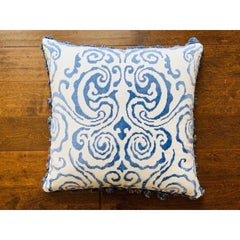 Scalamandré 'Cirrus Velvet Damask' White and Blue Pillows With Fringe, Pair