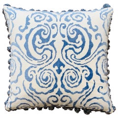 Scalamandré 'Cirrus Velvet Damask' White and Blue Pillows with Fringe, Pair