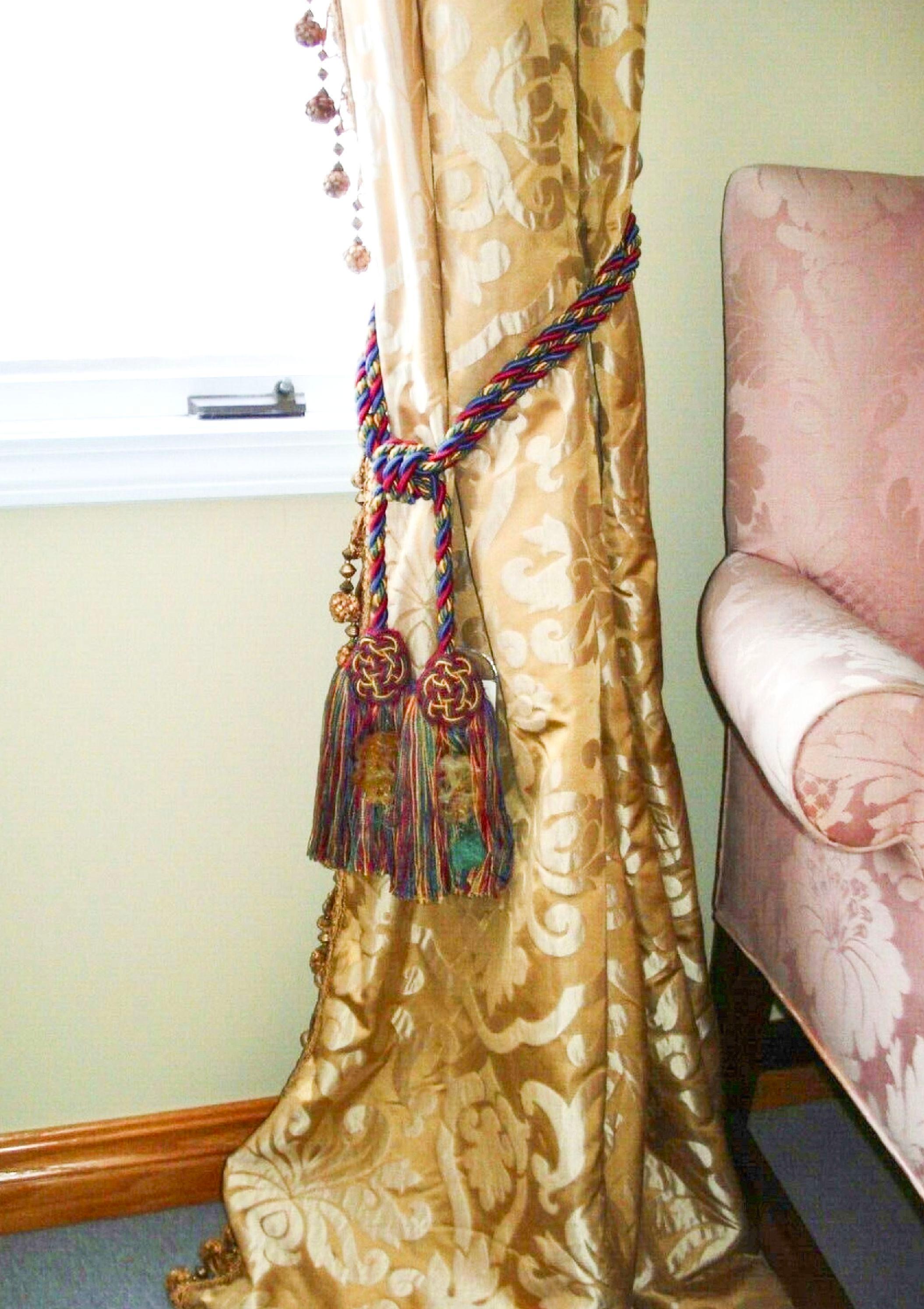 Scalamandre duchess silk double tassel curtain tieback, carved jade, red, blue.