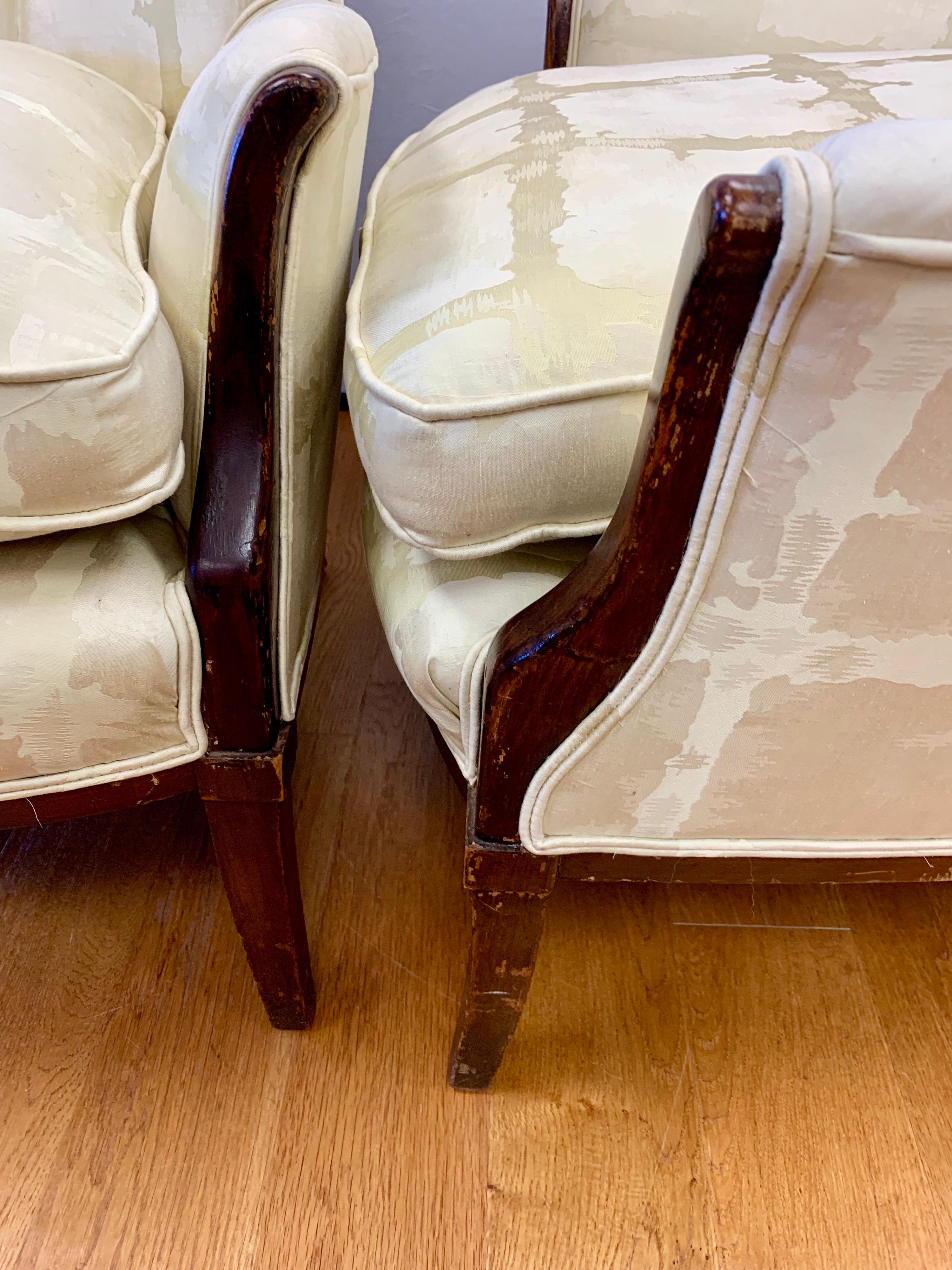 Scalamandre Fabric Vintage Pair of Wingback Bergère Wing Chairs 3