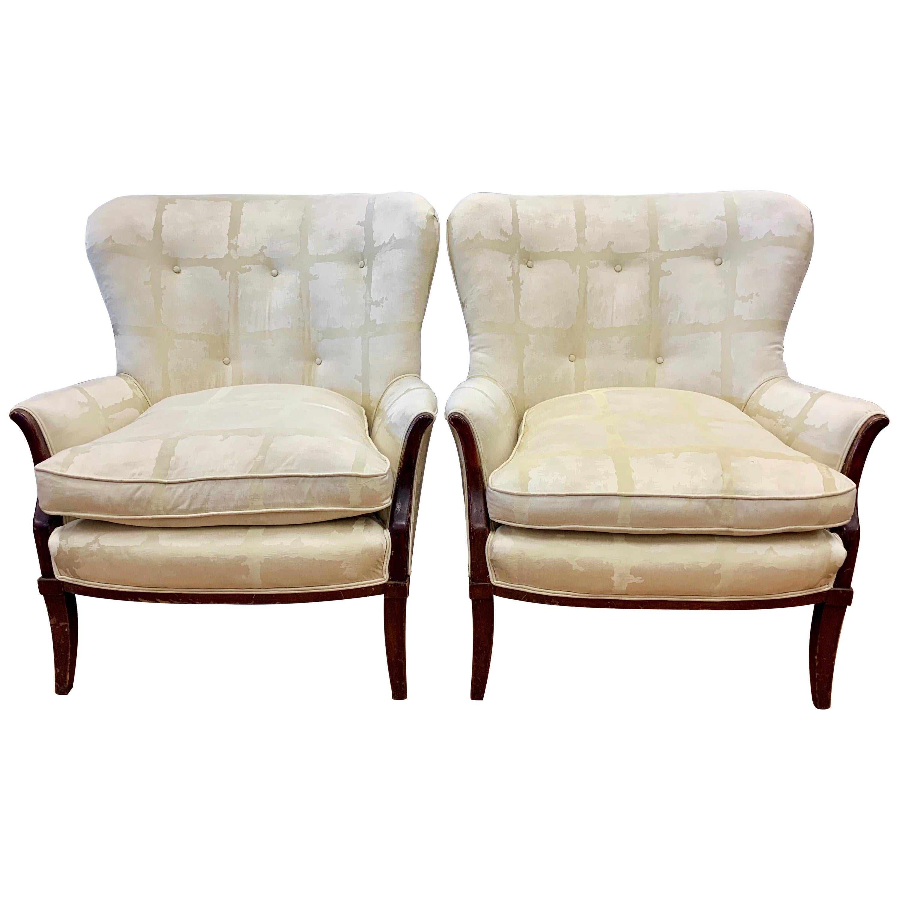 Scalamandre Fabric Vintage Pair of Wingback Bergère Wing Chairs
