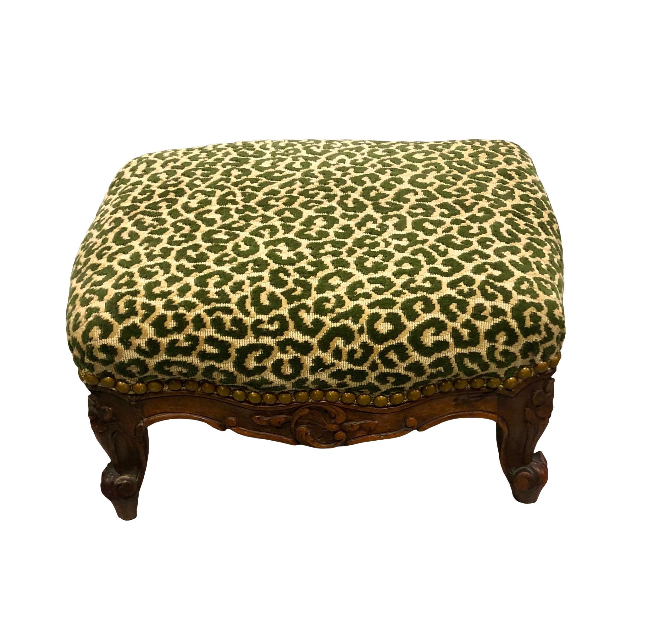 Late 19th Century Scalamandre Green Animal Fabric French Stool   For Sale