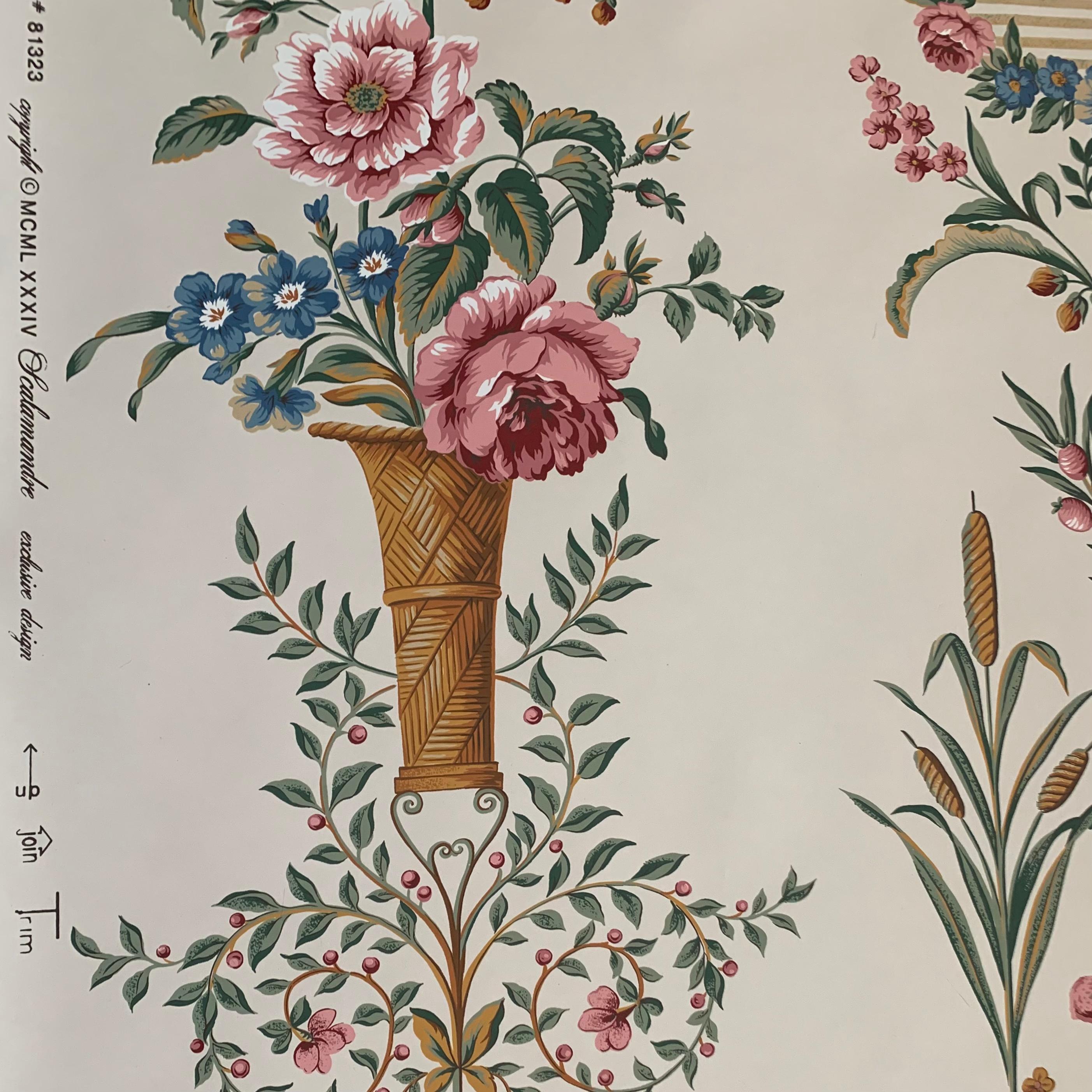 Scalamandre hand-printed Irish Historical Society Dublin panel floral wallpaper 1984. Rare vintage print. One double roll available. 
 ‘’Irish Georgian Society Collection’’
Approximately 33+ linear feet / 11 yards / double roll
Pattern number
